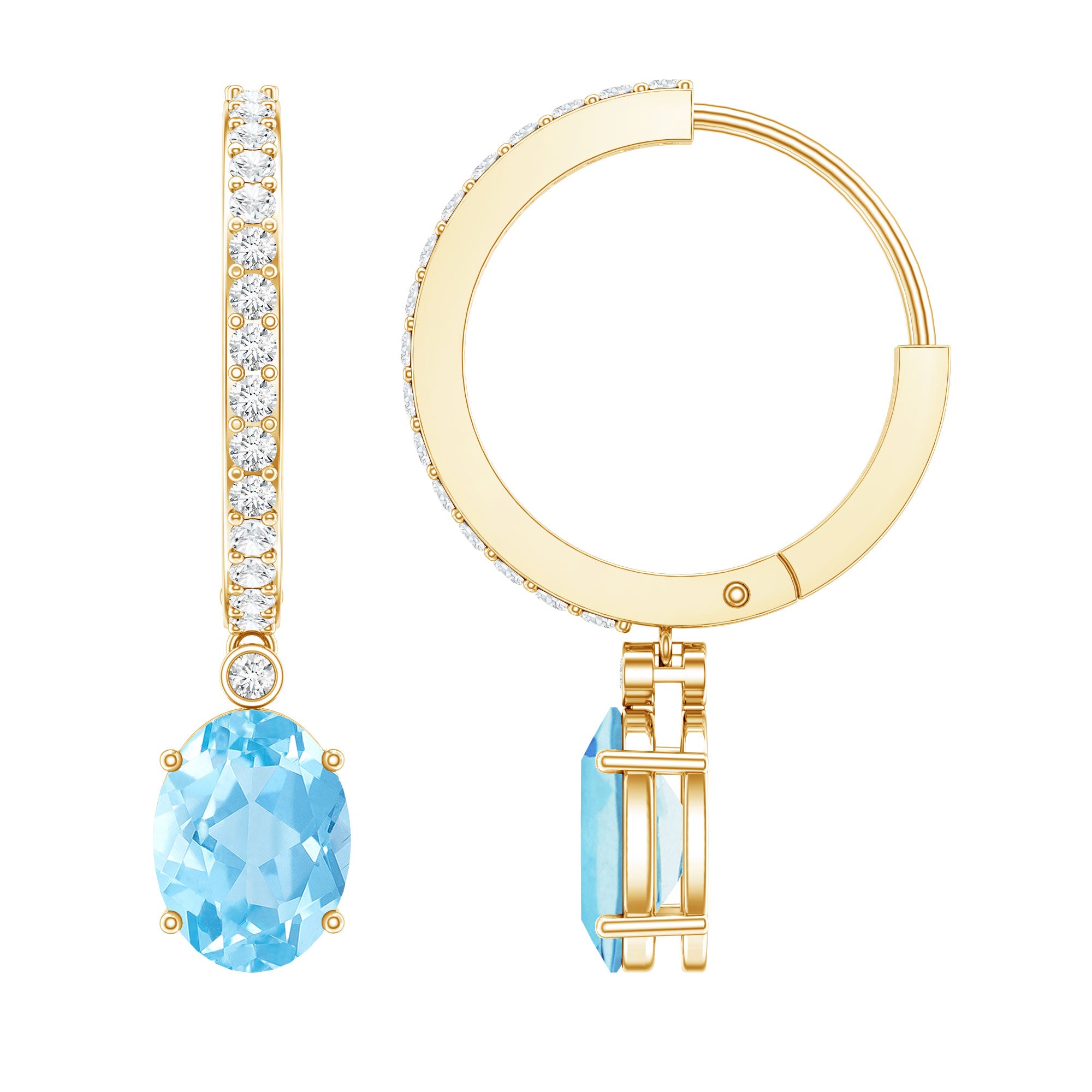 Genuine 2.2 Carat Oval Cut Aquamarine Hoop Drop Earrings with Diamond AAA - Rosec Jewels