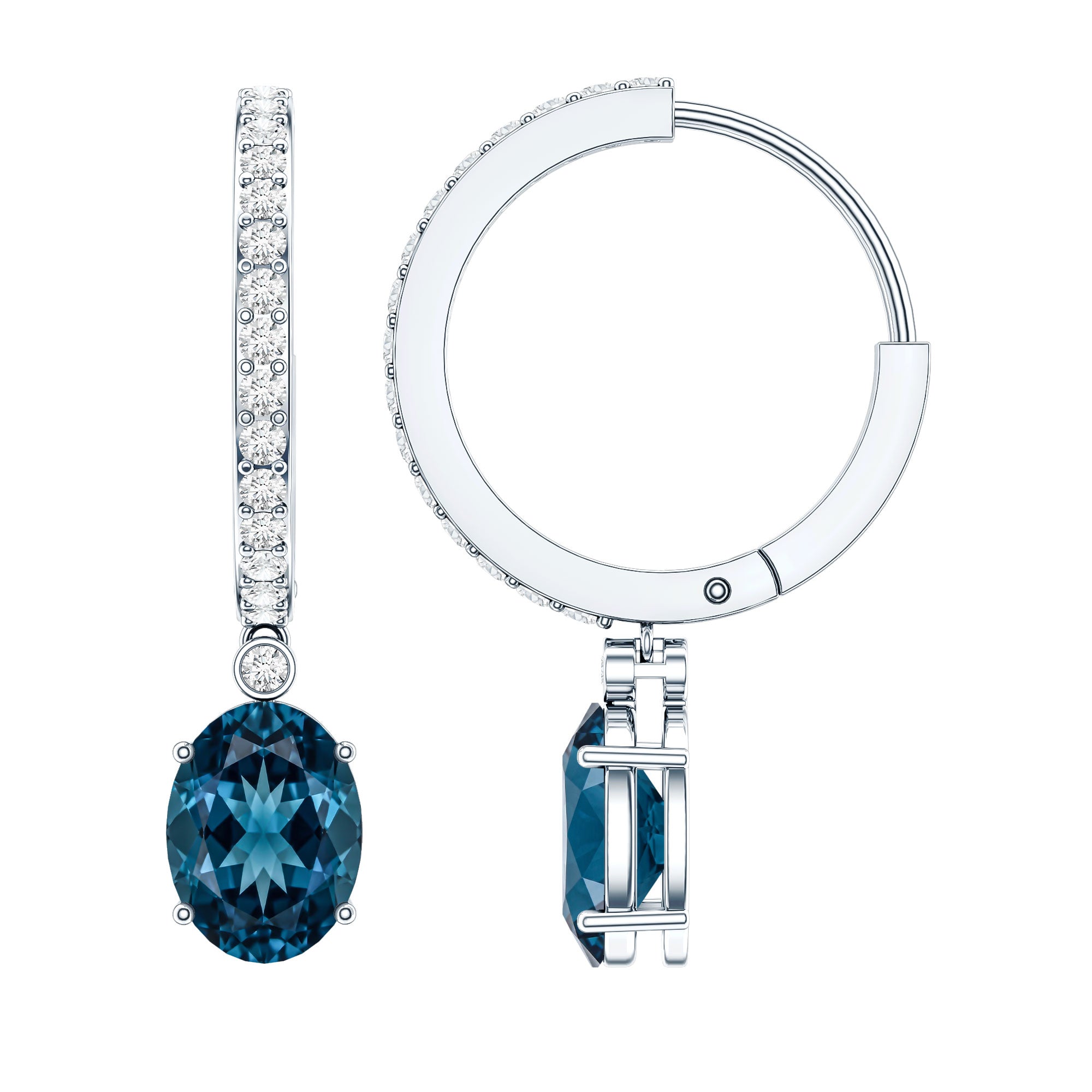 Natural Oval 2.2 Carat London Blue Topaz Drop hoop Earrings with Diamond AAA - Rosec Jewels
