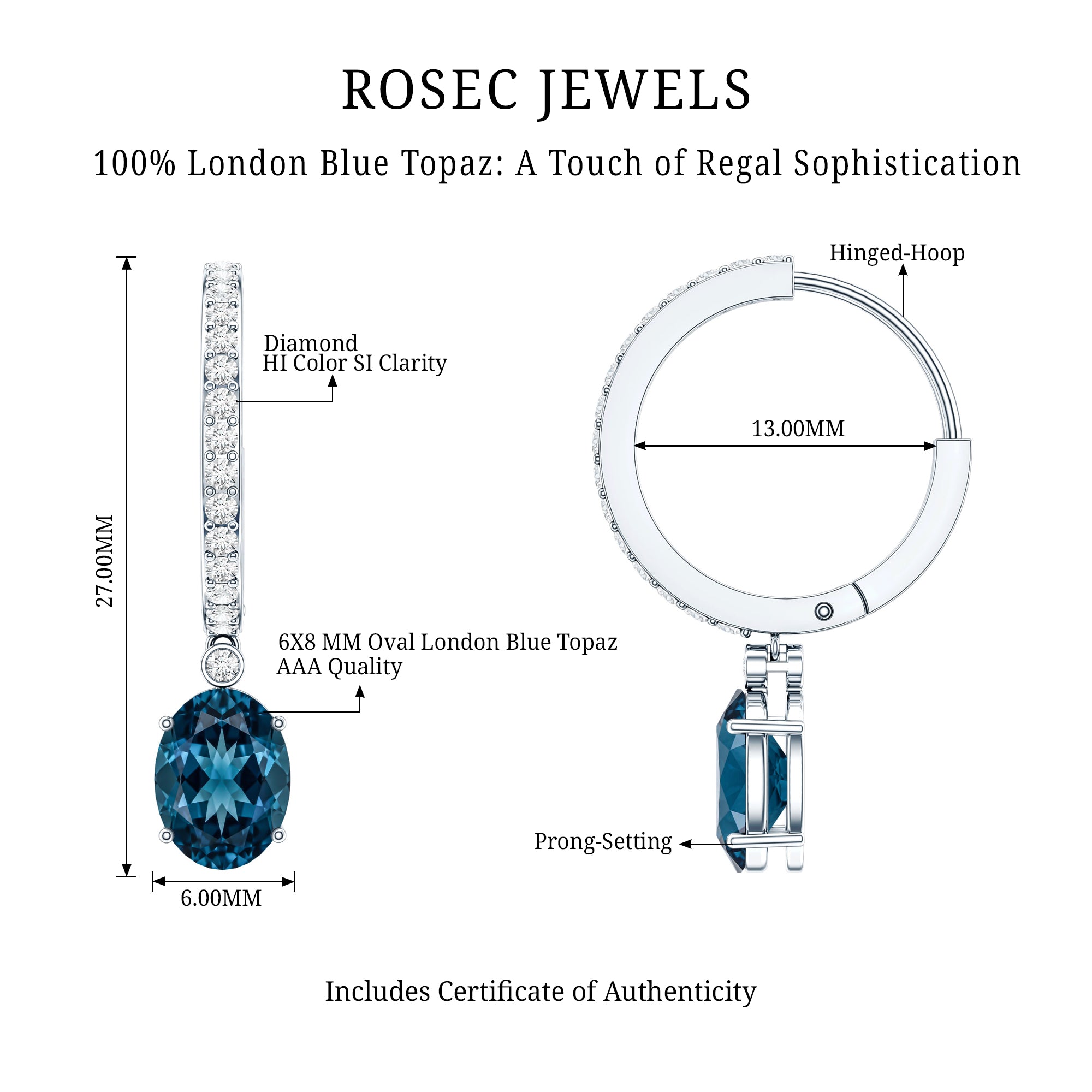 Natural Oval 2.2 Carat London Blue Topaz Drop hoop Earrings with Diamond AAA - Rosec Jewels