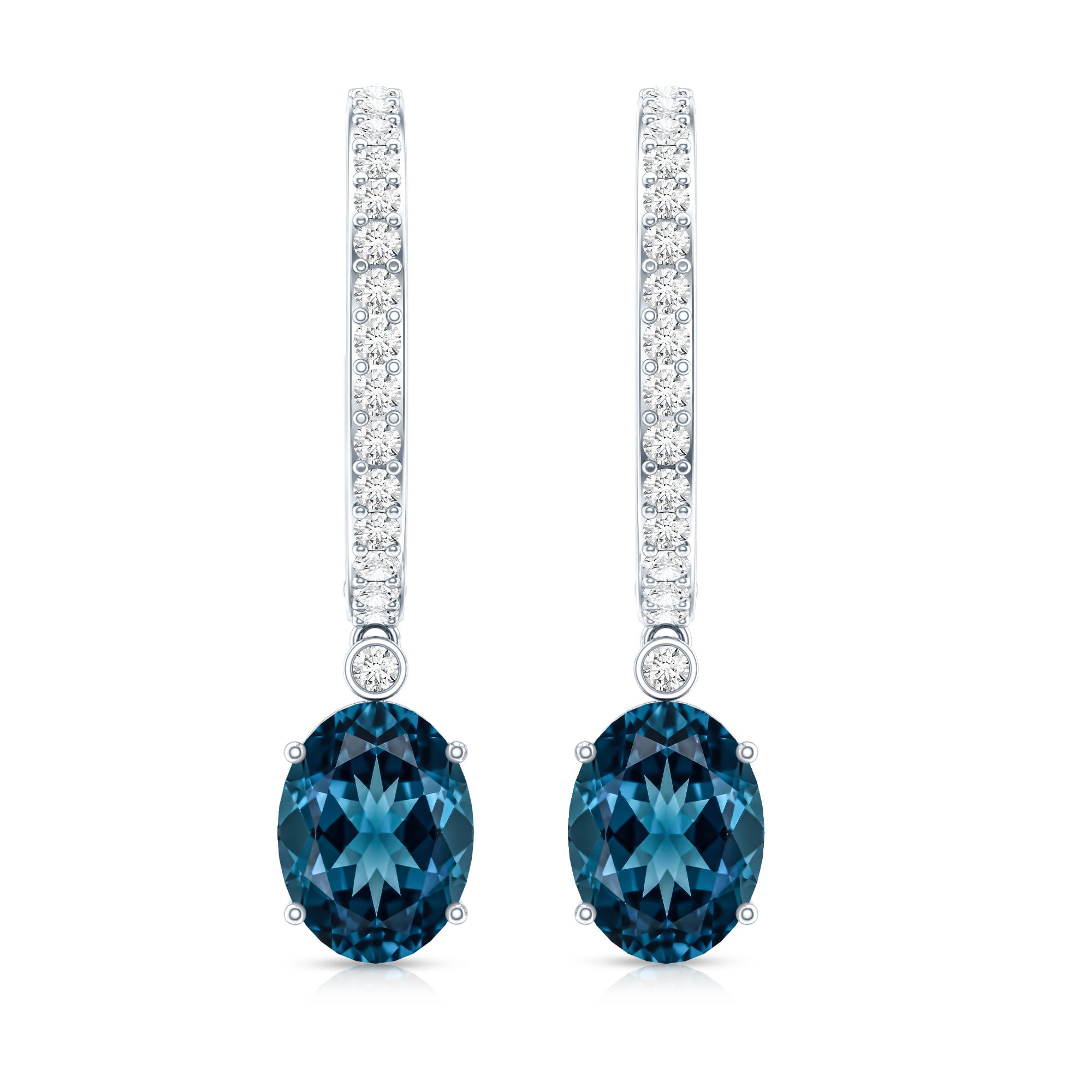 Natural Oval 2.2 Carat London Blue Topaz Drop hoop Earrings with Diamond AAA - Rosec Jewels