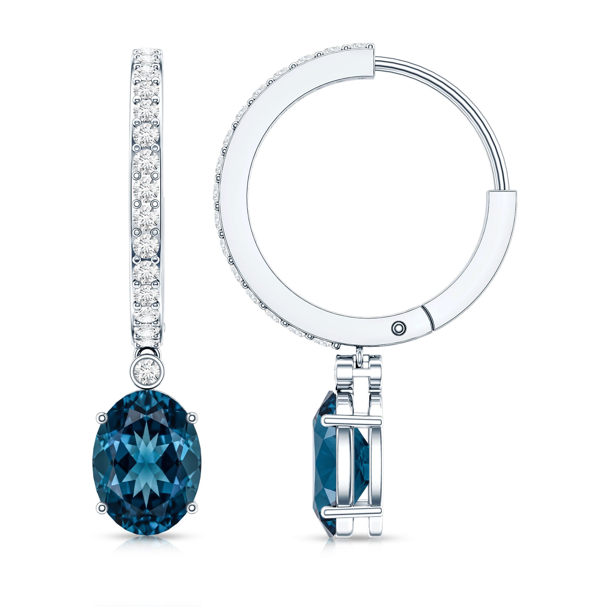 Natural Oval 2.2 Carat London Blue Topaz Drop hoop Earrings with Diamond AAA - Rosec Jewels
