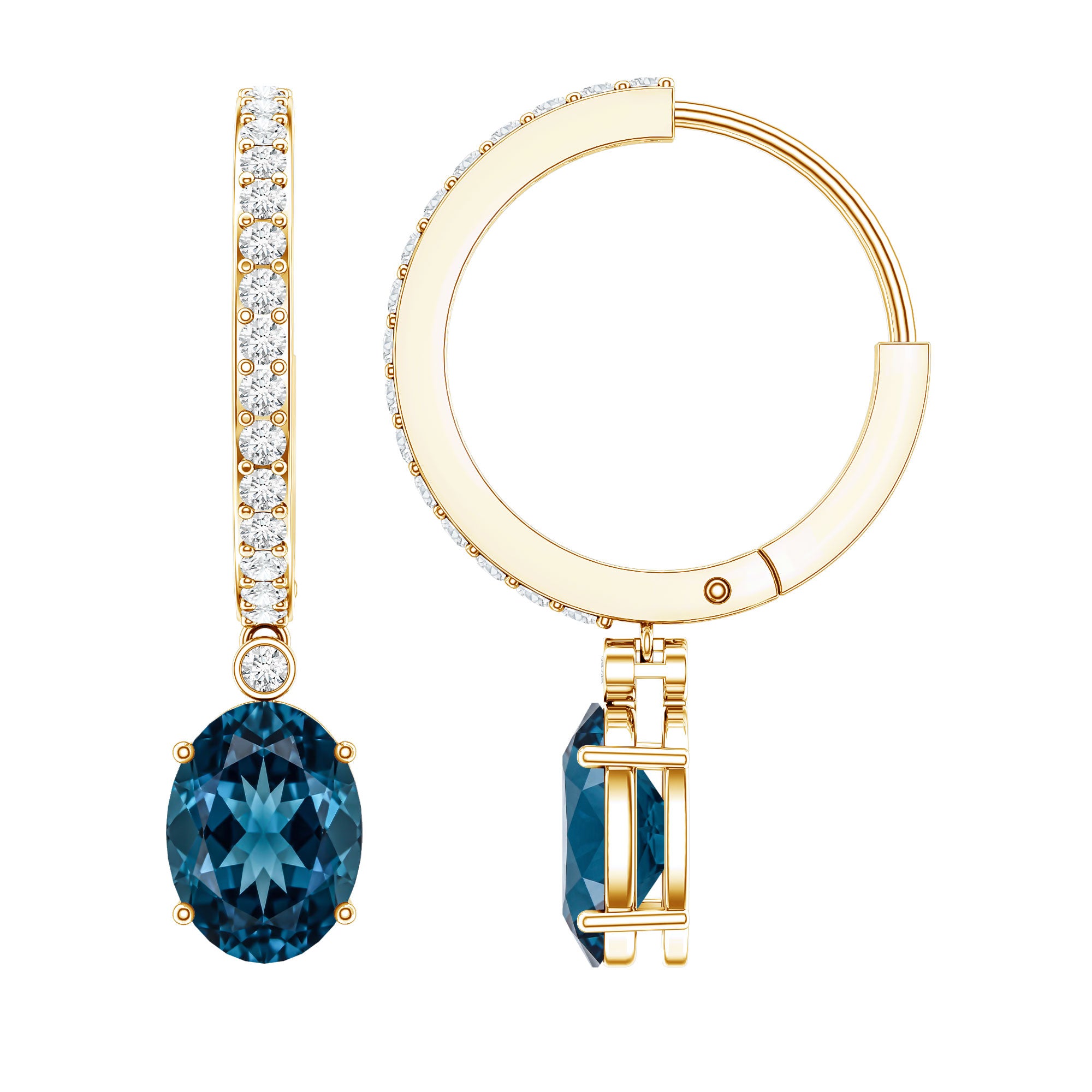Natural Oval 2.2 Carat London Blue Topaz Drop hoop Earrings with Diamond AAA - Rosec Jewels