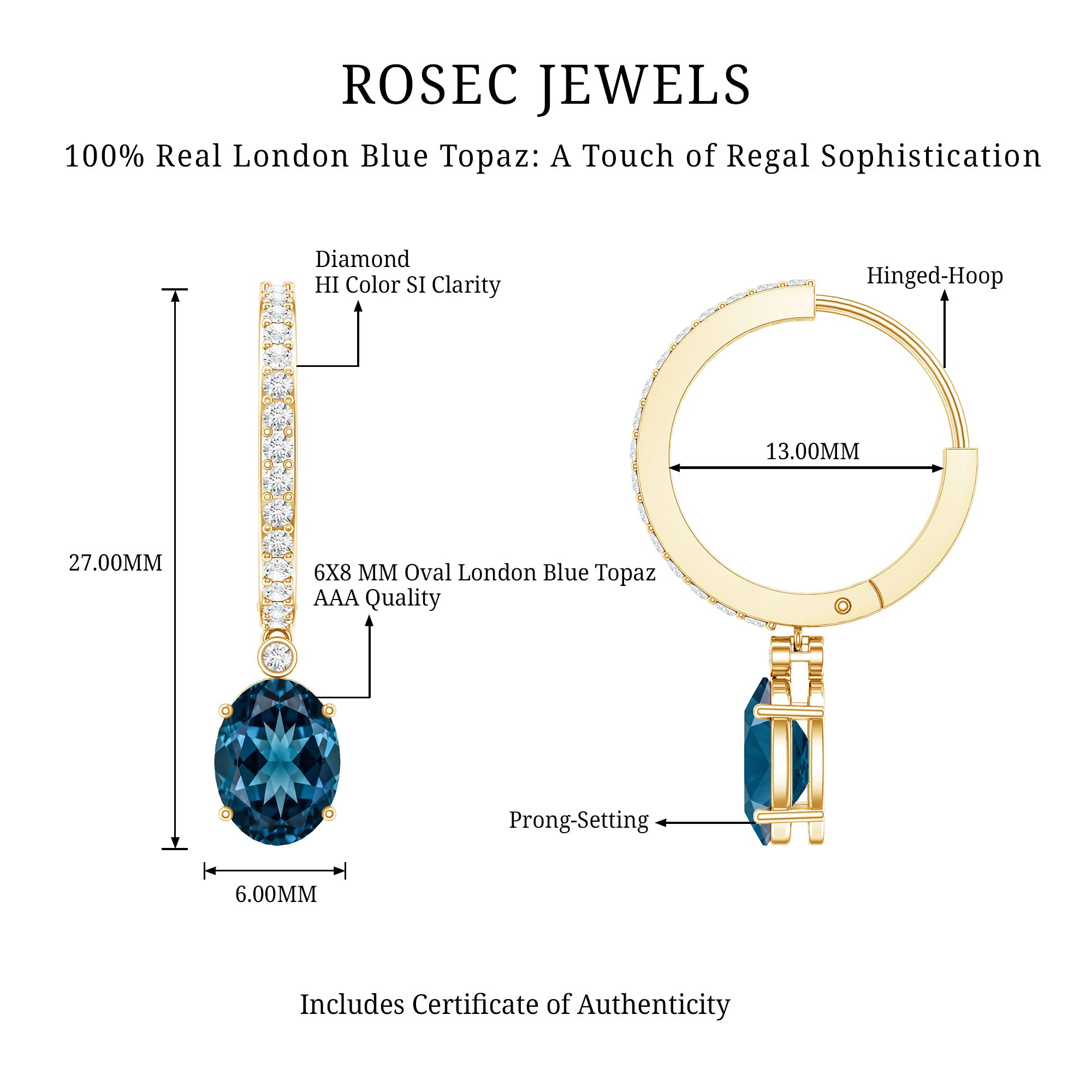Natural Oval 2.2 Carat London Blue Topaz Drop hoop Earrings with Diamond AAA - Rosec Jewels