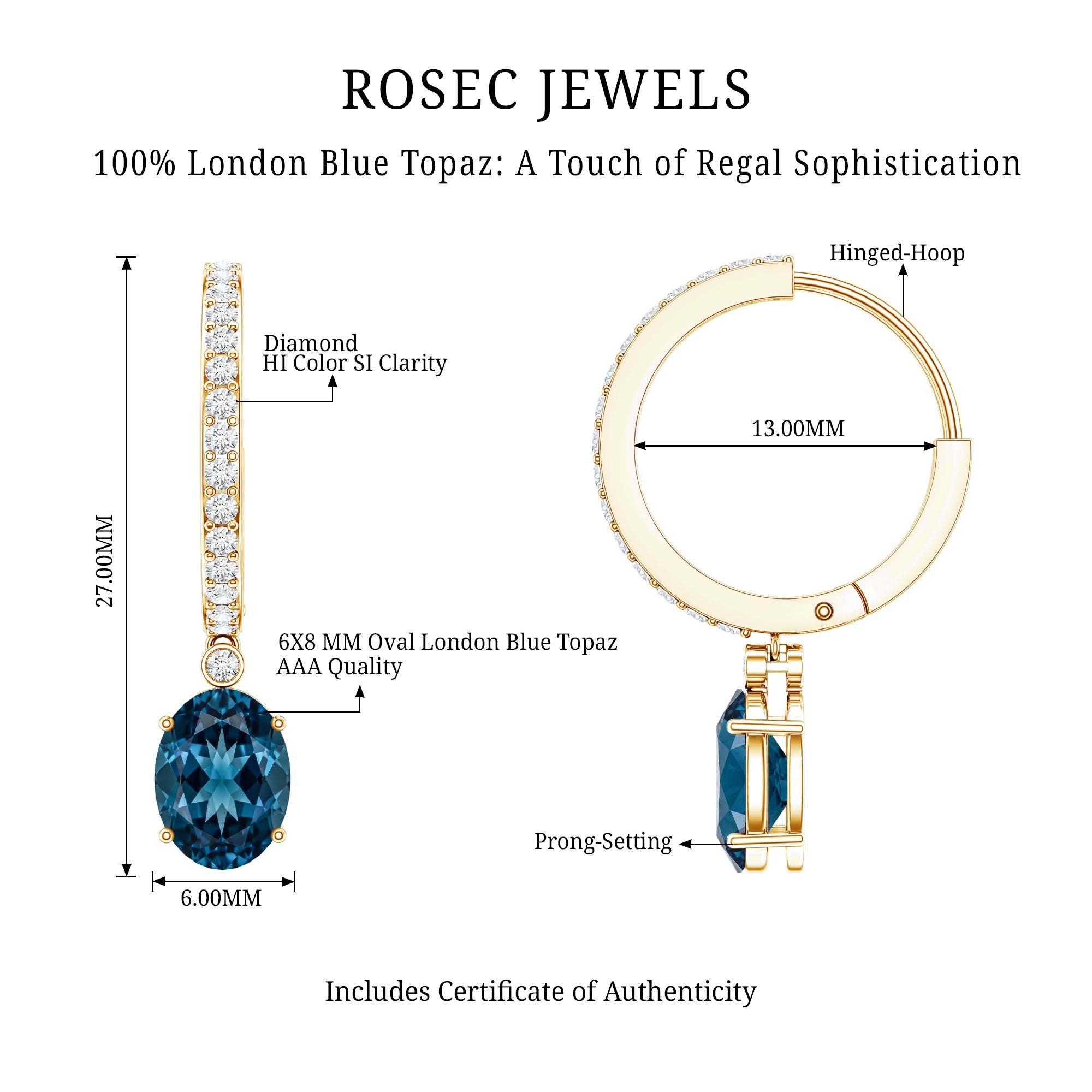 Natural Oval 2.2 Carat London Blue Topaz Drop hoop Earrings with Diamond AAA - Rosec Jewels