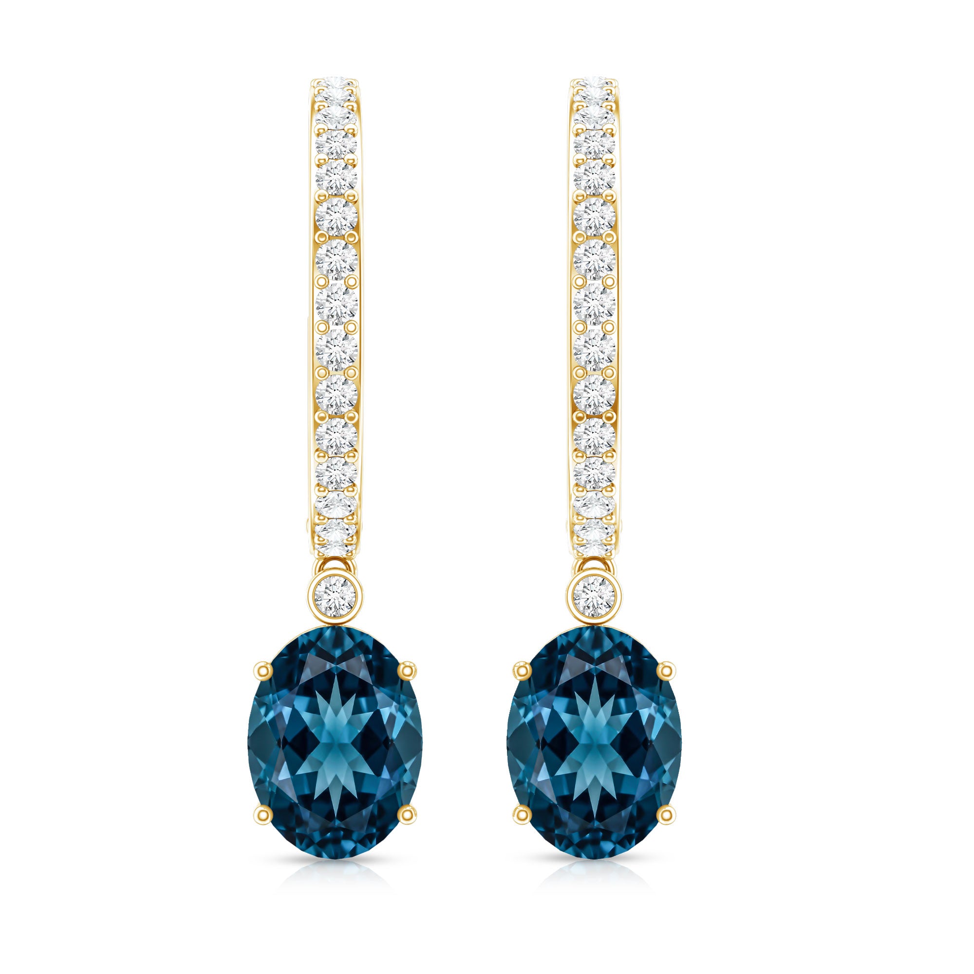 Natural Oval 2.2 Carat London Blue Topaz Drop hoop Earrings with Diamond AAA - Rosec Jewels