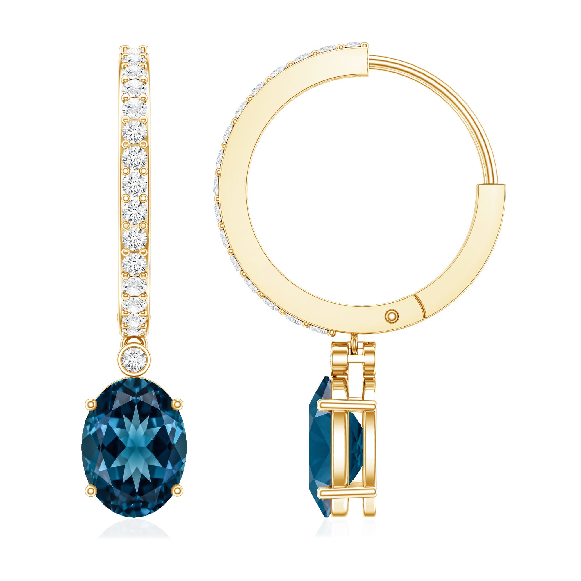 Natural Oval 2.2 Carat London Blue Topaz Drop hoop Earrings with Diamond AAA - Rosec Jewels