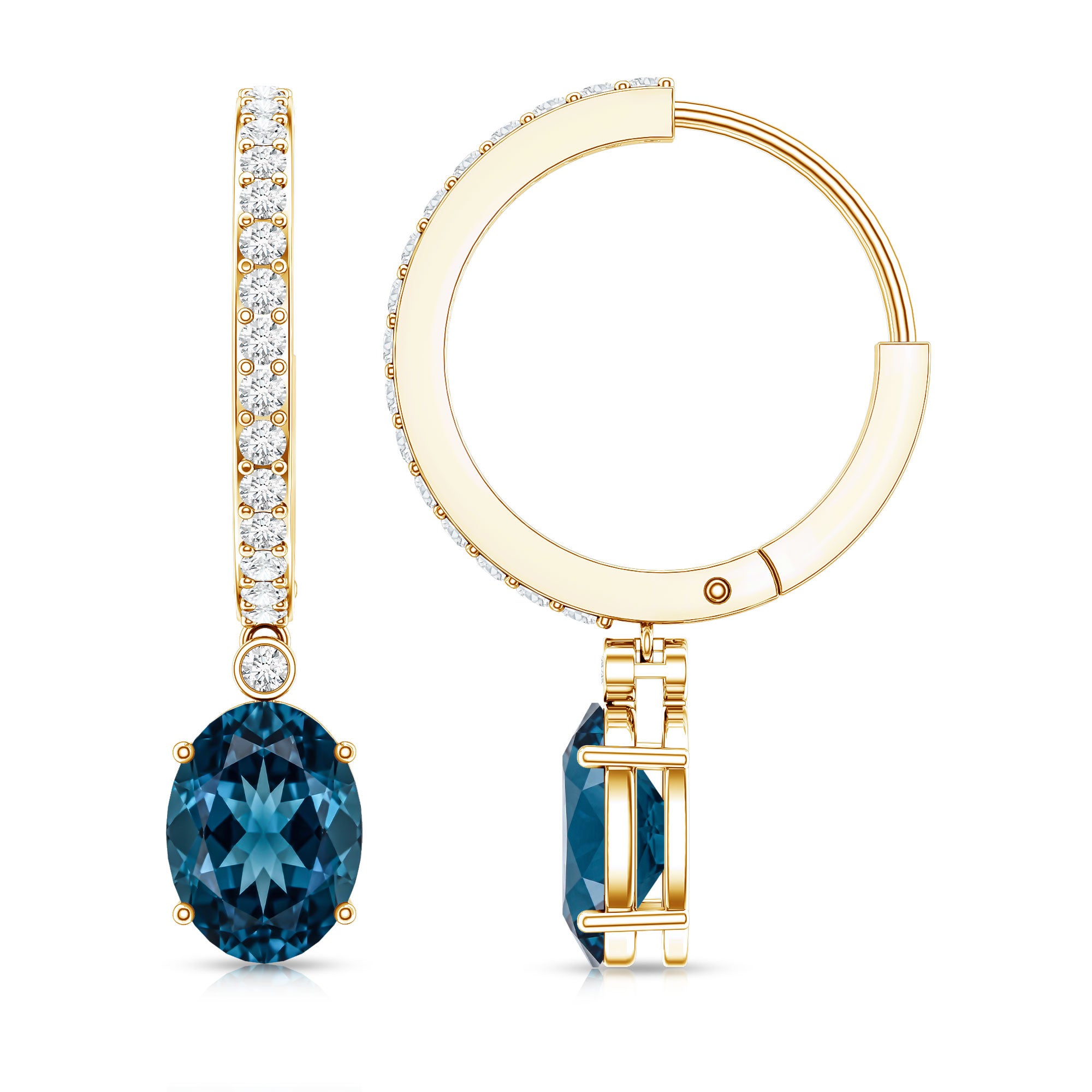 Natural Oval 2.2 Carat London Blue Topaz Drop hoop Earrings with Diamond AAA - Rosec Jewels