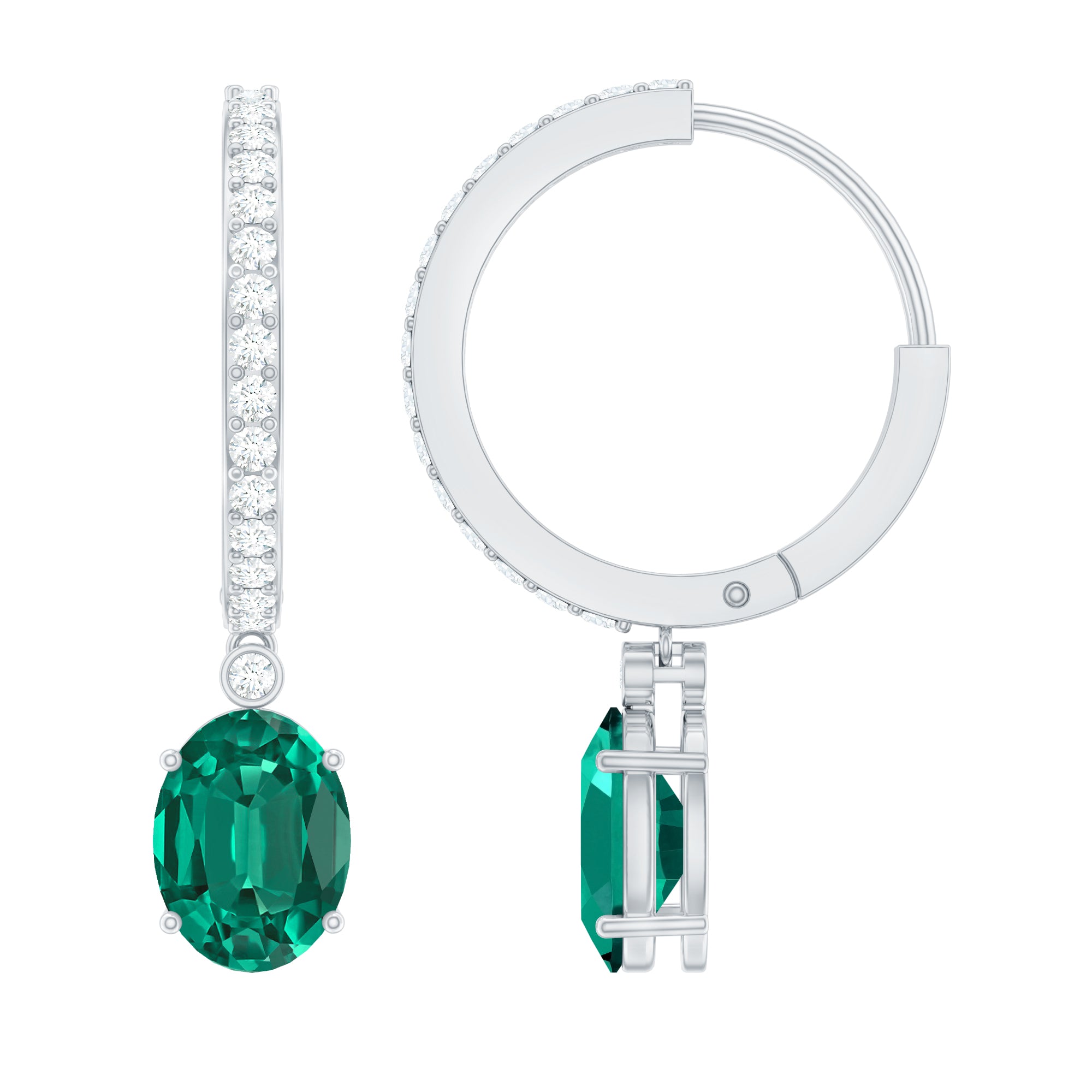 2.5 Carat Oval Cut Lab Grown Emerald and Diamond Hoop Earrings AAAA - Rosec Jewels