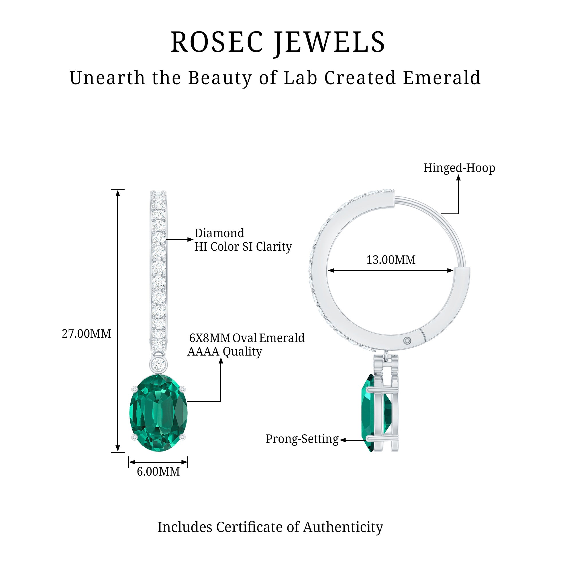 2.5 Carat Oval Cut Lab Grown Emerald and Diamond Hoop Earrings AAAA - Rosec Jewels