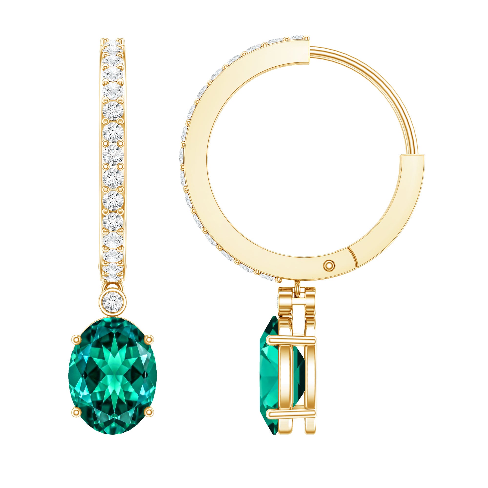 2.5 Carat Oval Cut Lab Grown Emerald and Diamond Hoop Earrings AAAA - Rosec Jewels