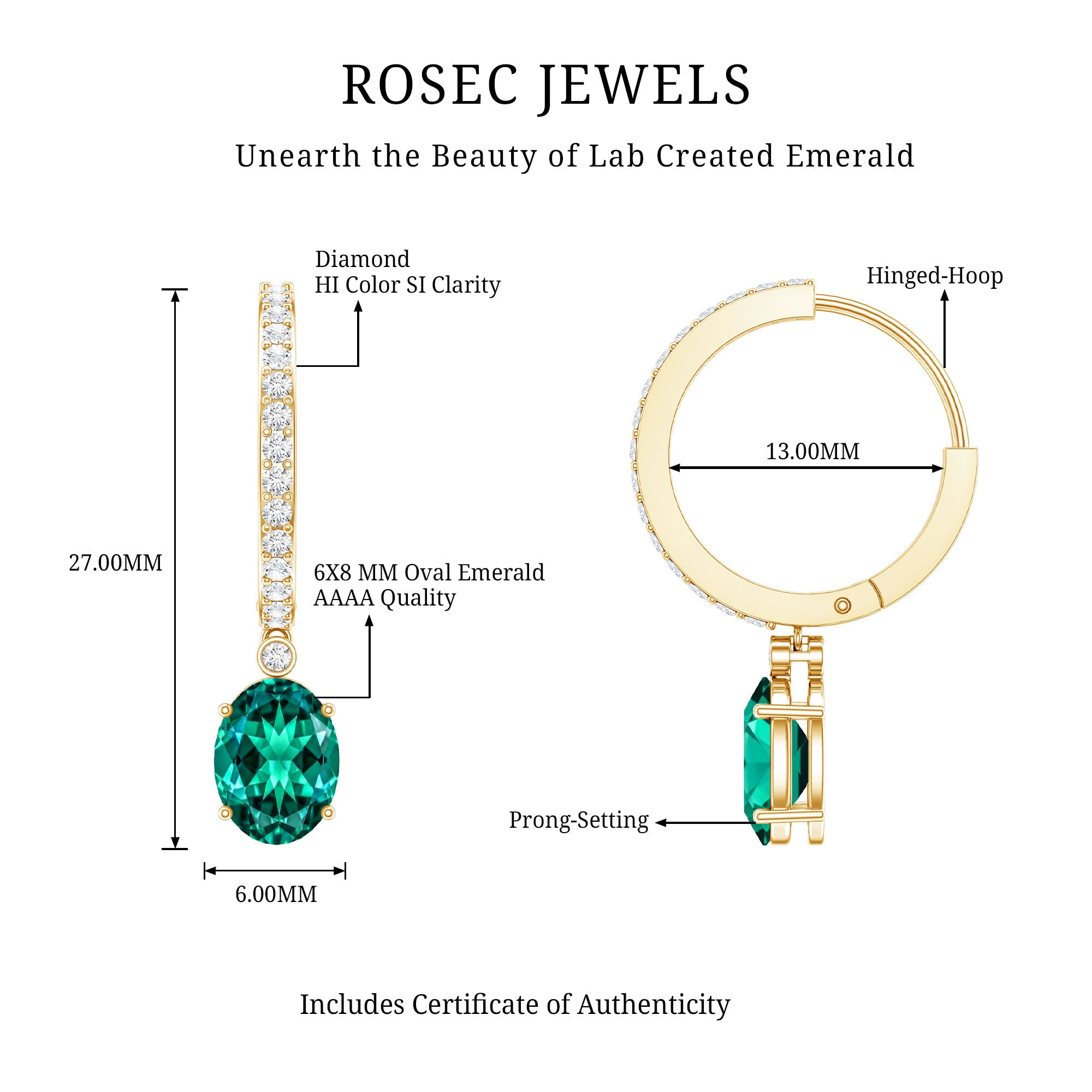 2.5 Carat Oval Cut Lab Grown Emerald and Diamond Hoop Earrings AAAA - Rosec Jewels