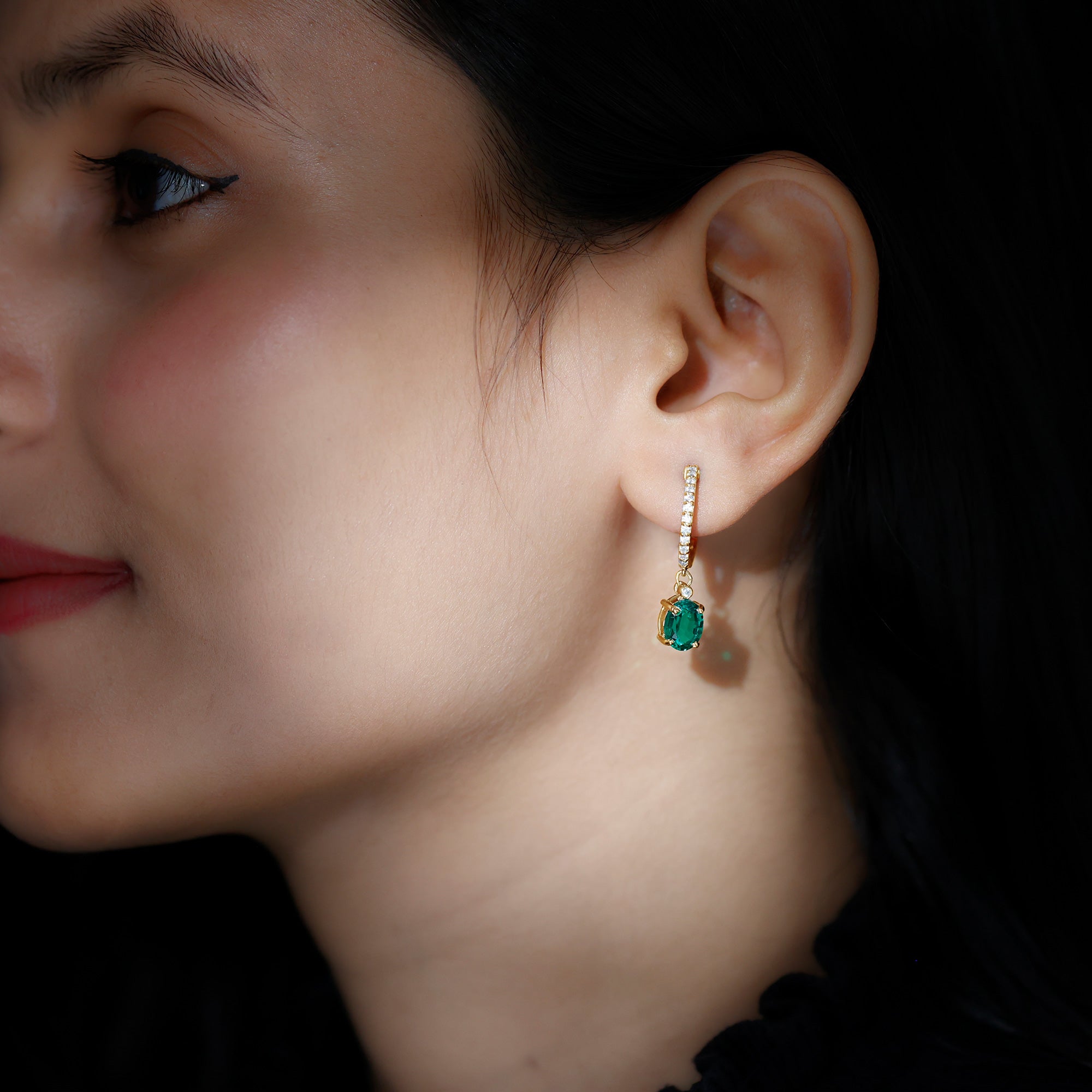 2.5 Carat Oval Cut Lab Grown Emerald and Diamond Hoop Earrings AAAA - Rosec Jewels