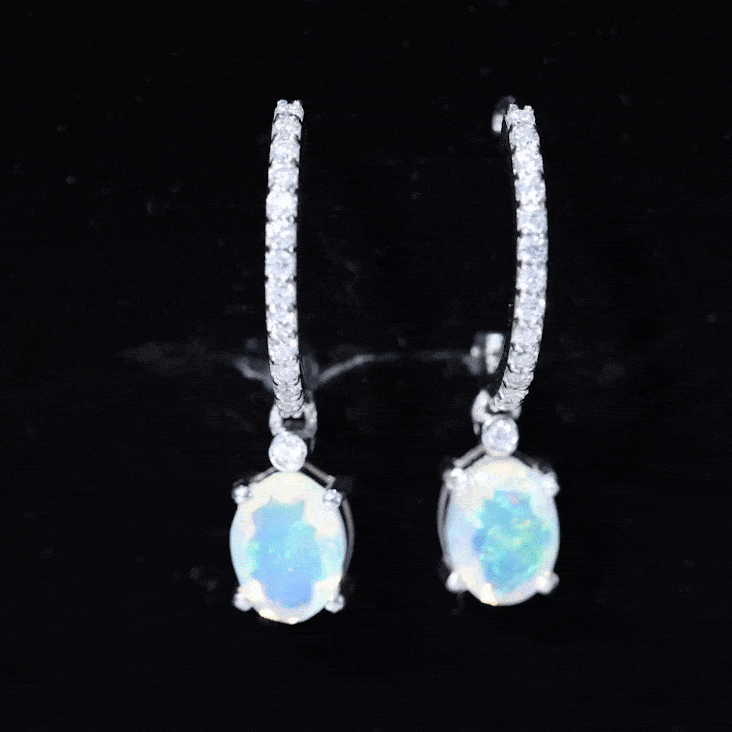 Oval Ethiopian Opal Drop Earrings with Moissanite Hoop AAA - Rosec Jewels
