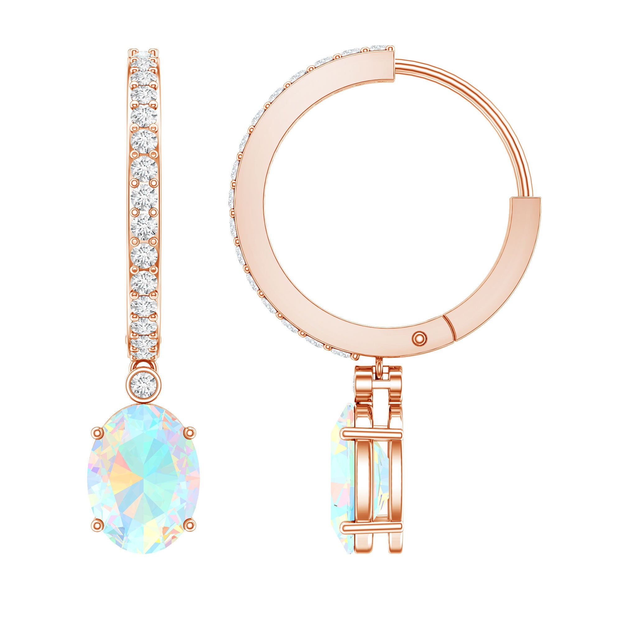 Oval Ethiopian Opal Drop Earrings with Moissanite Hoop AAA - Rosec Jewels