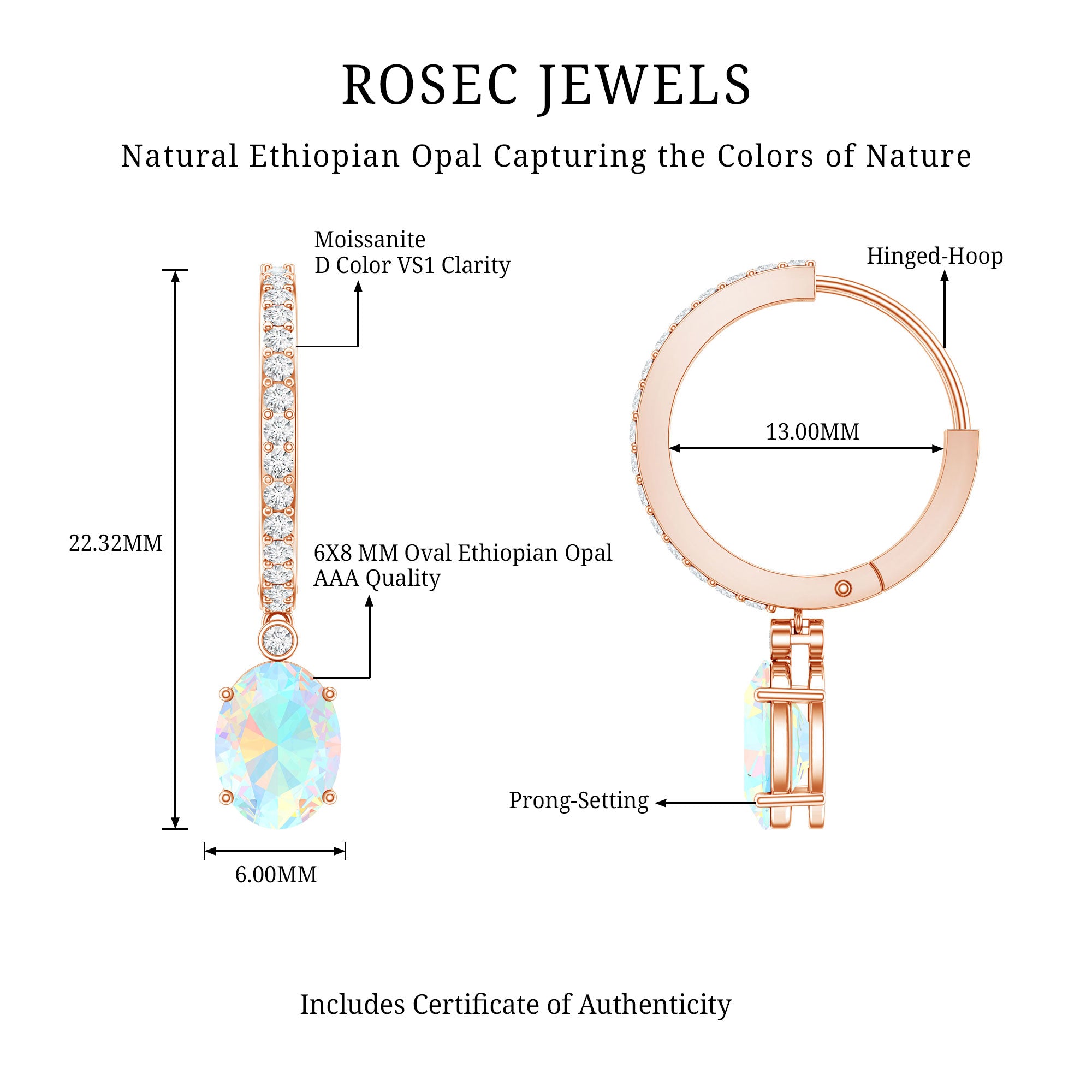 Oval Ethiopian Opal Drop Earrings with Moissanite Hoop AAA - Rosec Jewels