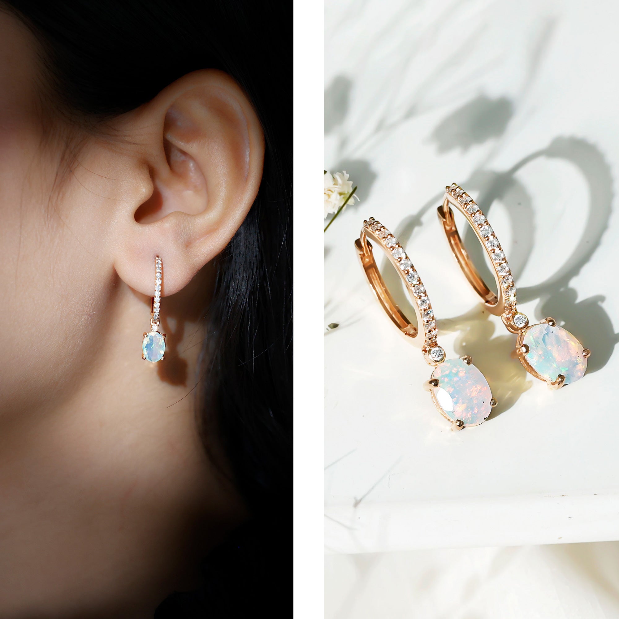 Oval Ethiopian Opal Drop Earrings with Moissanite Hoop AAA - Rosec Jewels