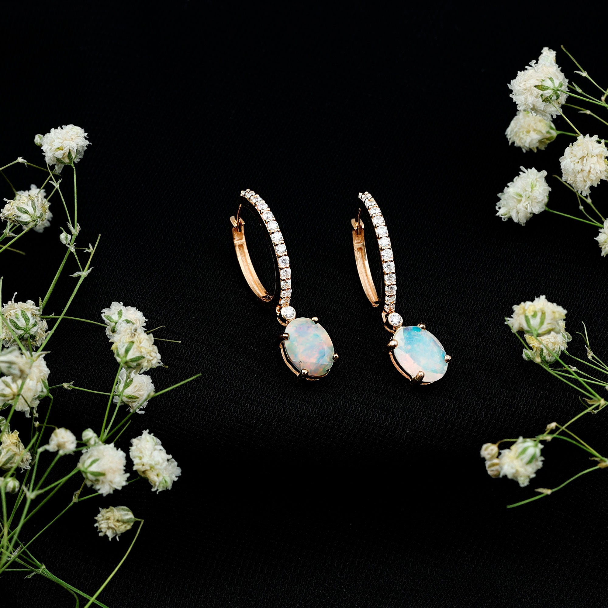 Oval Ethiopian Opal Drop Earrings with Moissanite Hoop AAA - Rosec Jewels