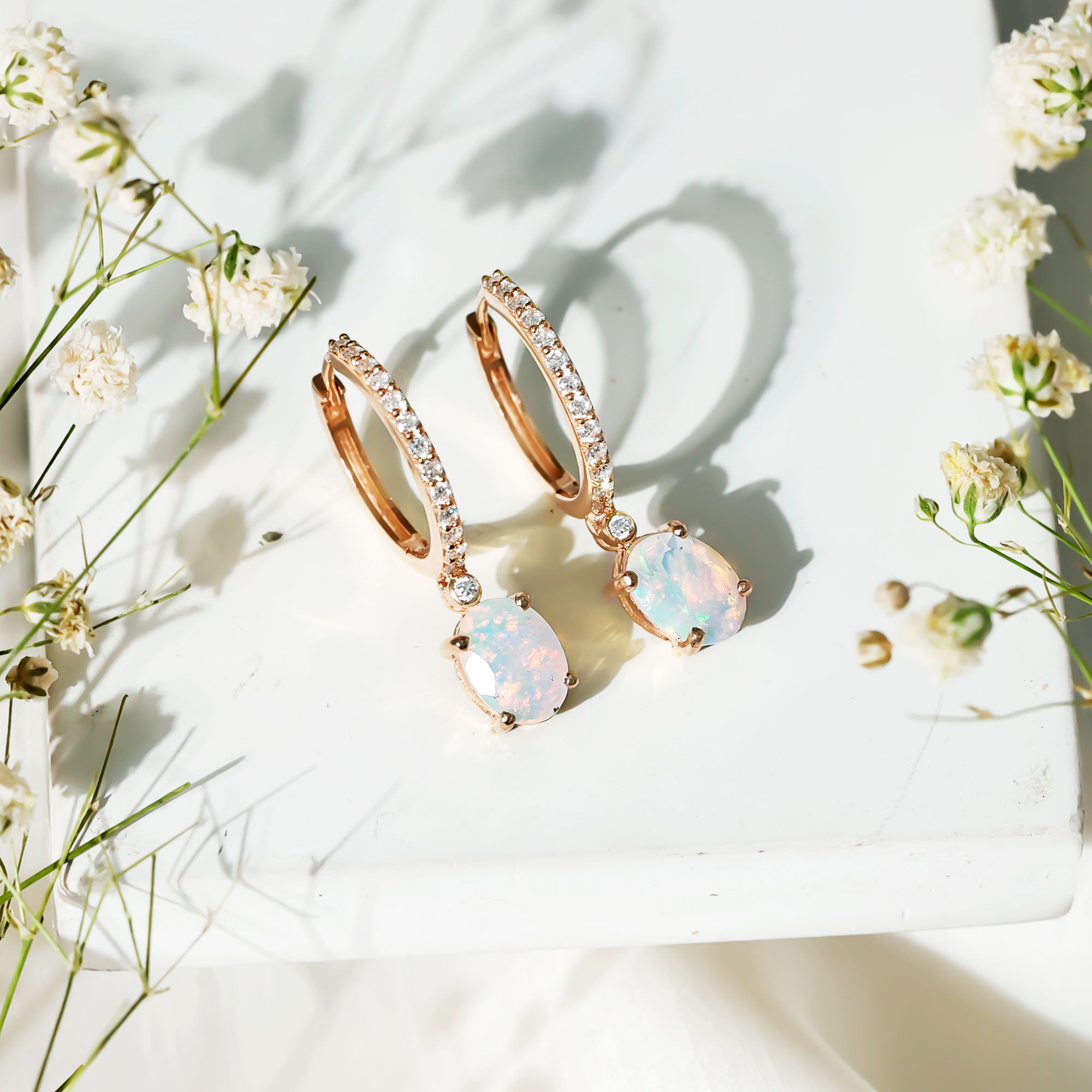 Oval Ethiopian Opal Drop Earrings with Moissanite Hoop AAA - Rosec Jewels