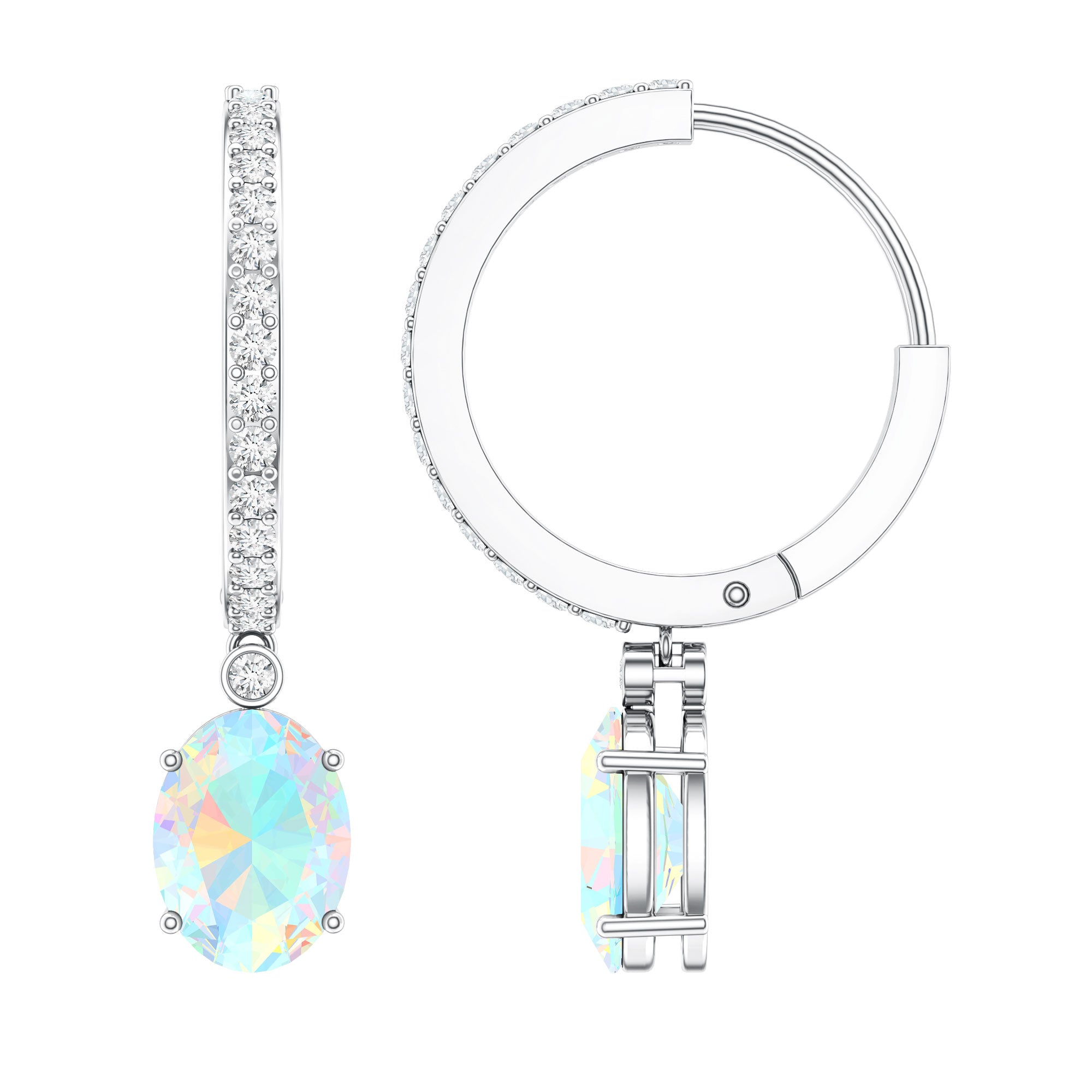 Oval Ethiopian Opal Drop Earrings with Moissanite Hoop AAA - Rosec Jewels