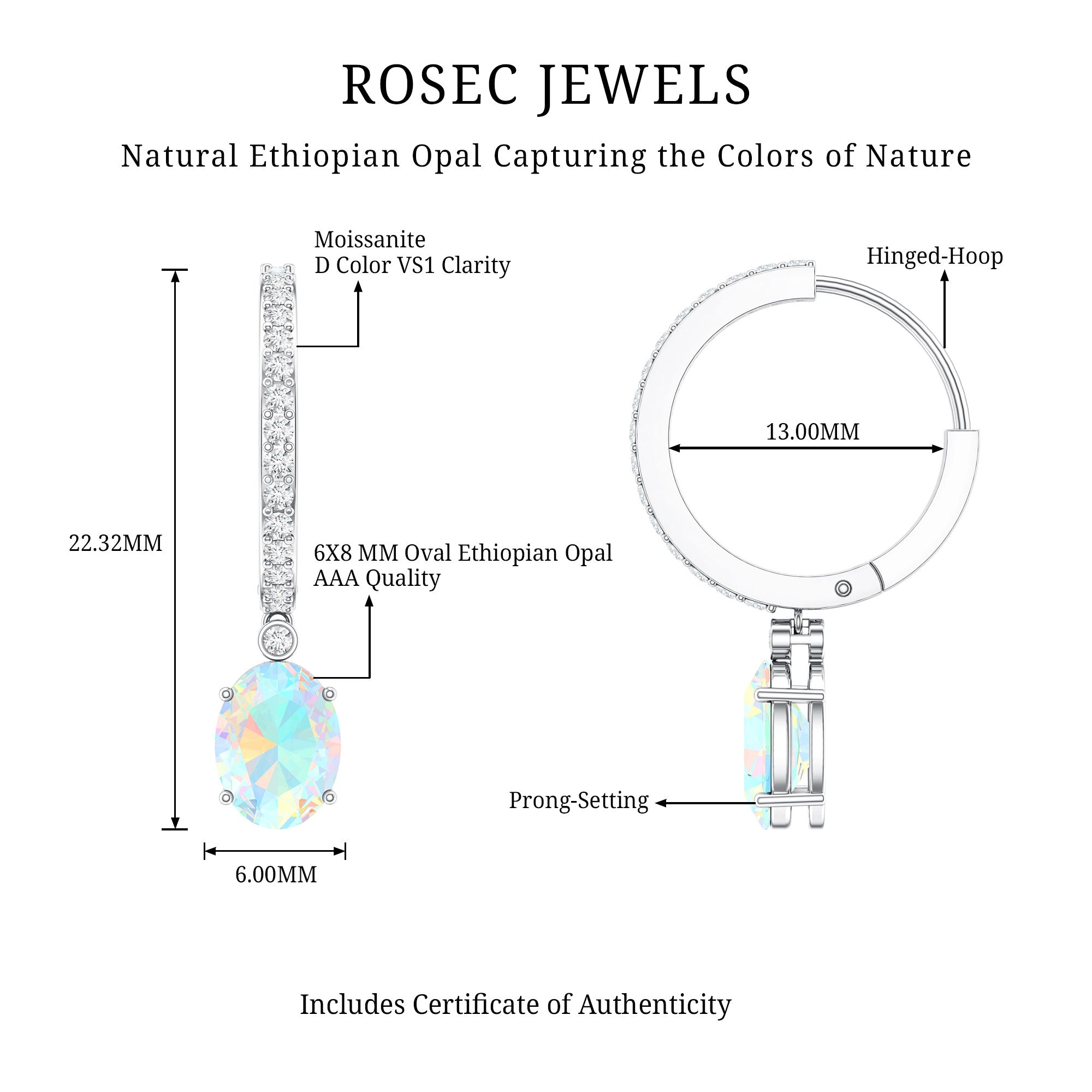 Oval Ethiopian Opal Drop Earrings with Moissanite Hoop AAA - Rosec Jewels