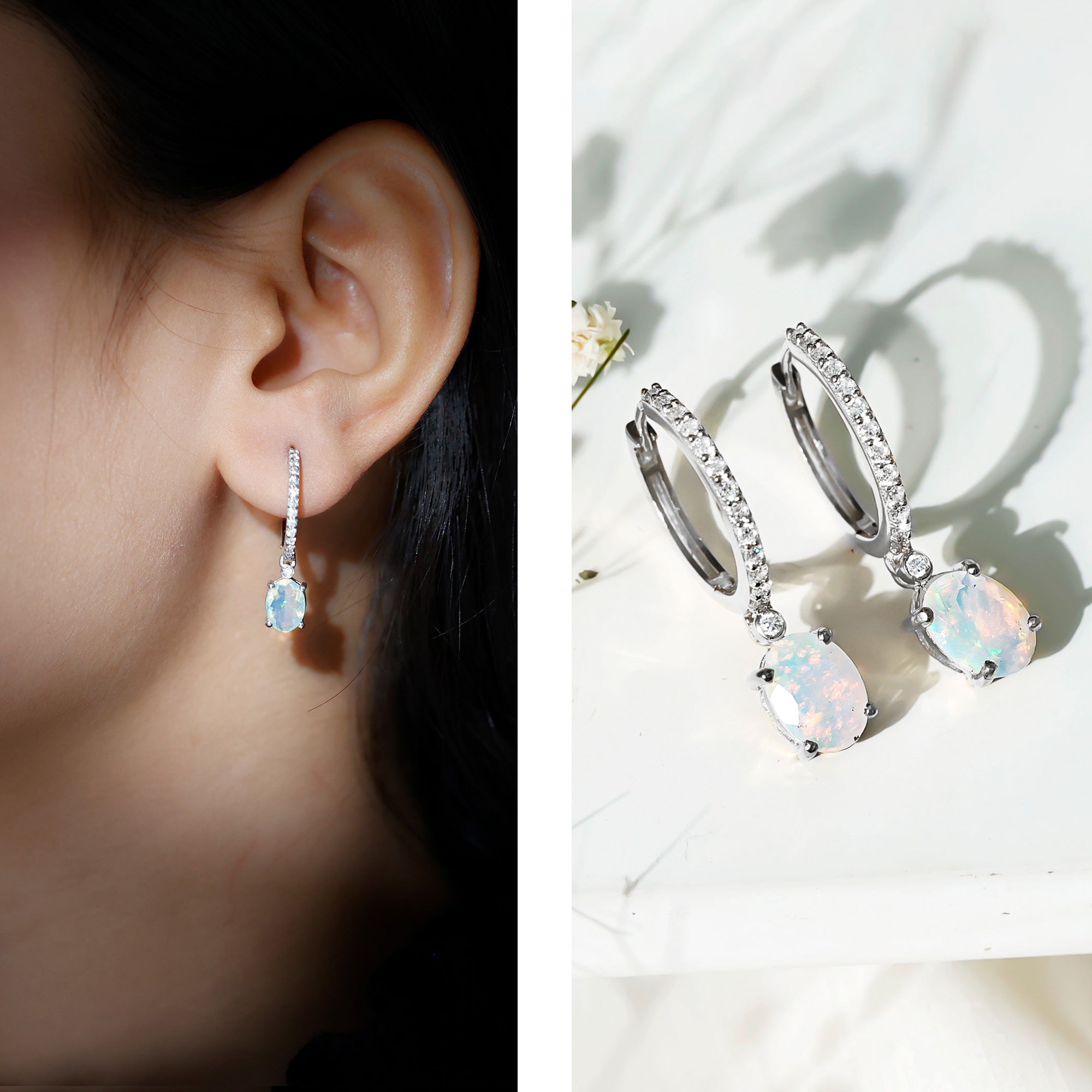 Oval Ethiopian Opal Drop Earrings with Moissanite Hoop AAA - Rosec Jewels