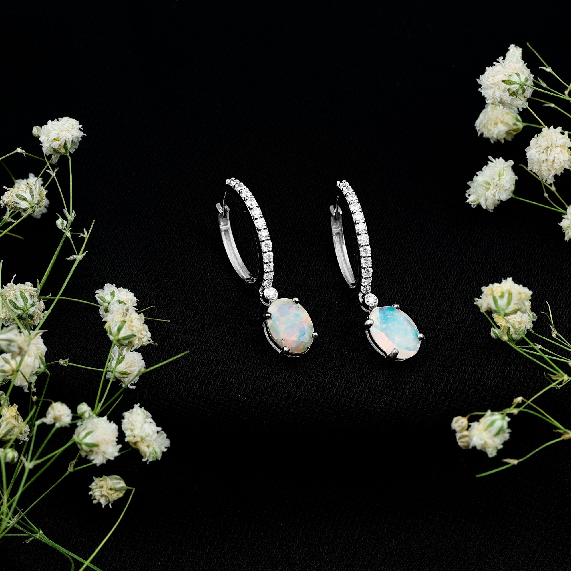 Oval Ethiopian Opal Drop Earrings with Moissanite Hoop AAA - Rosec Jewels