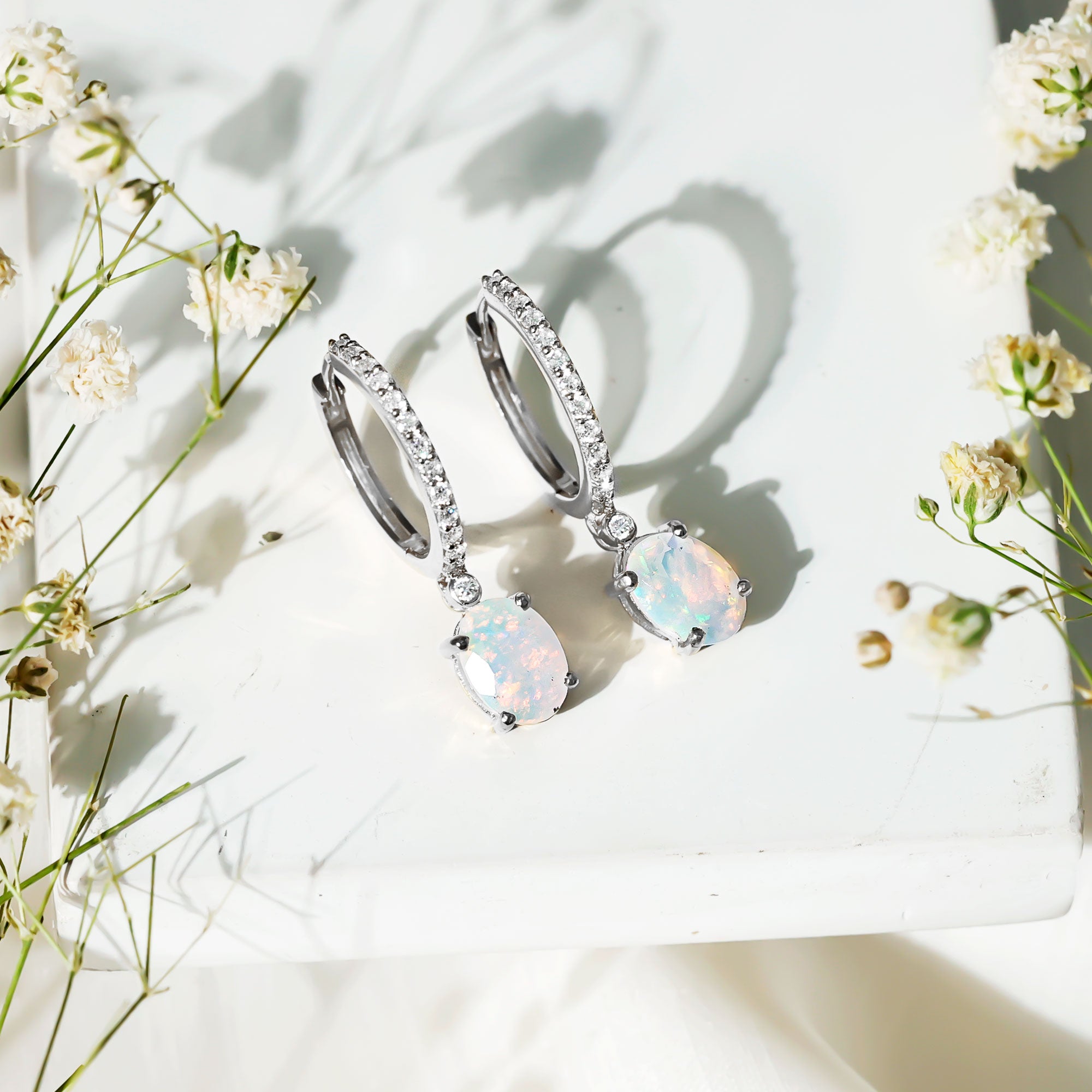 Oval Ethiopian Opal Drop Earrings with Moissanite Hoop AAA - Rosec Jewels