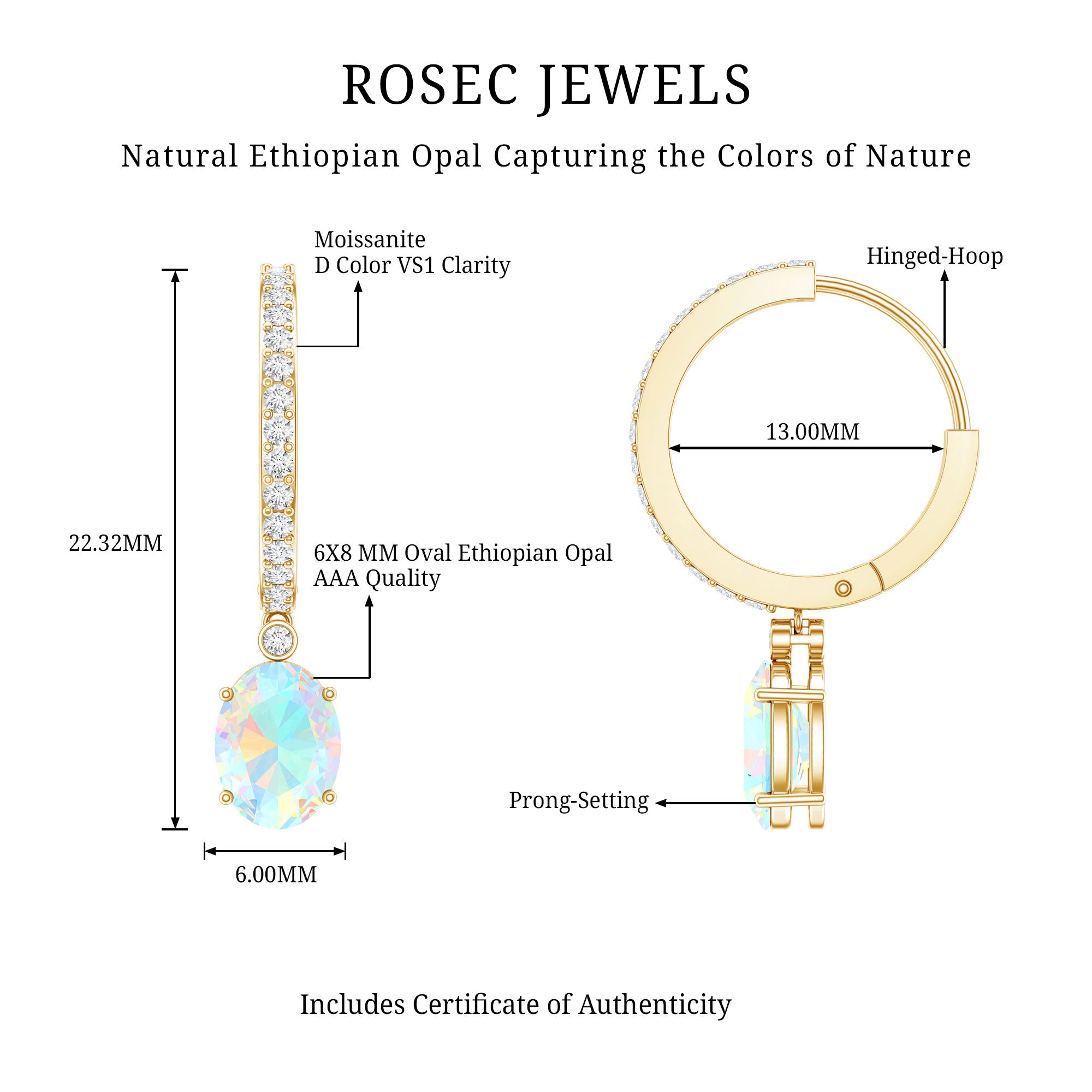 Oval Ethiopian Opal Drop Earrings with Moissanite Hoop AAA - Rosec Jewels