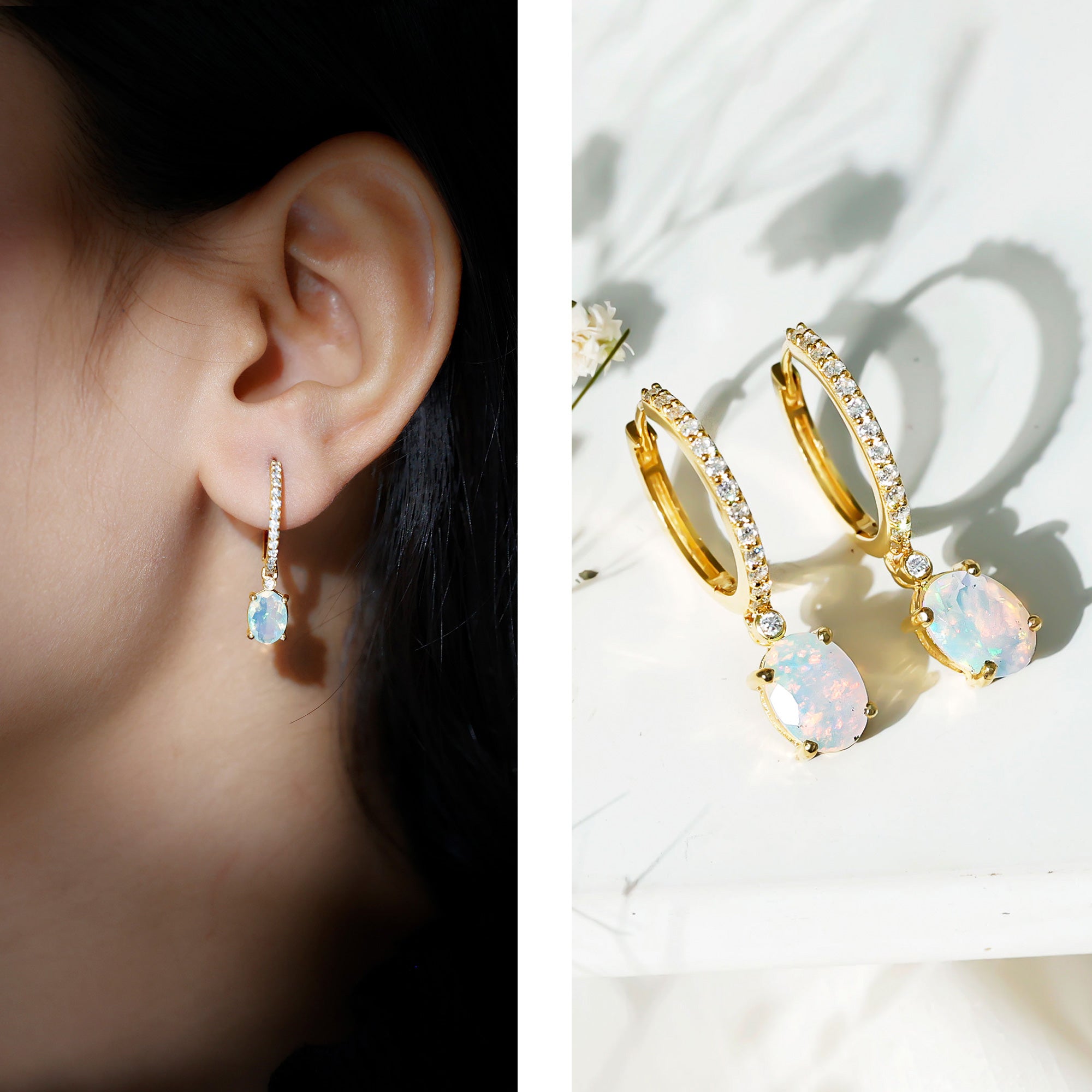 Oval Ethiopian Opal Drop Earrings with Moissanite Hoop AAA - Rosec Jewels