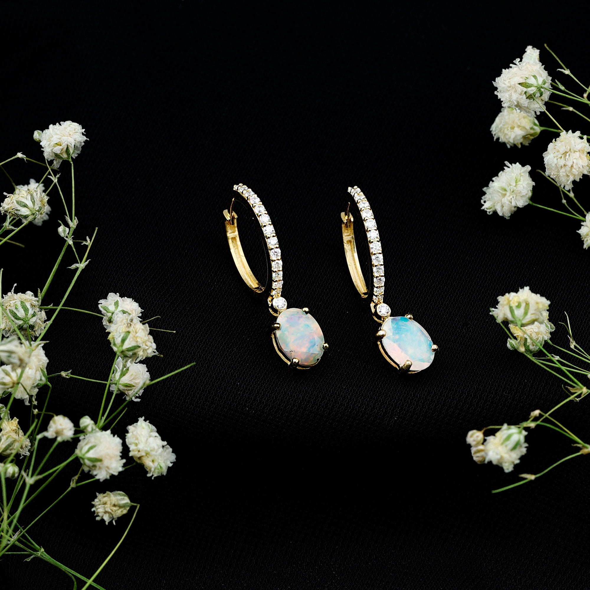 Oval Ethiopian Opal Drop Earrings with Moissanite Hoop AAA - Rosec Jewels
