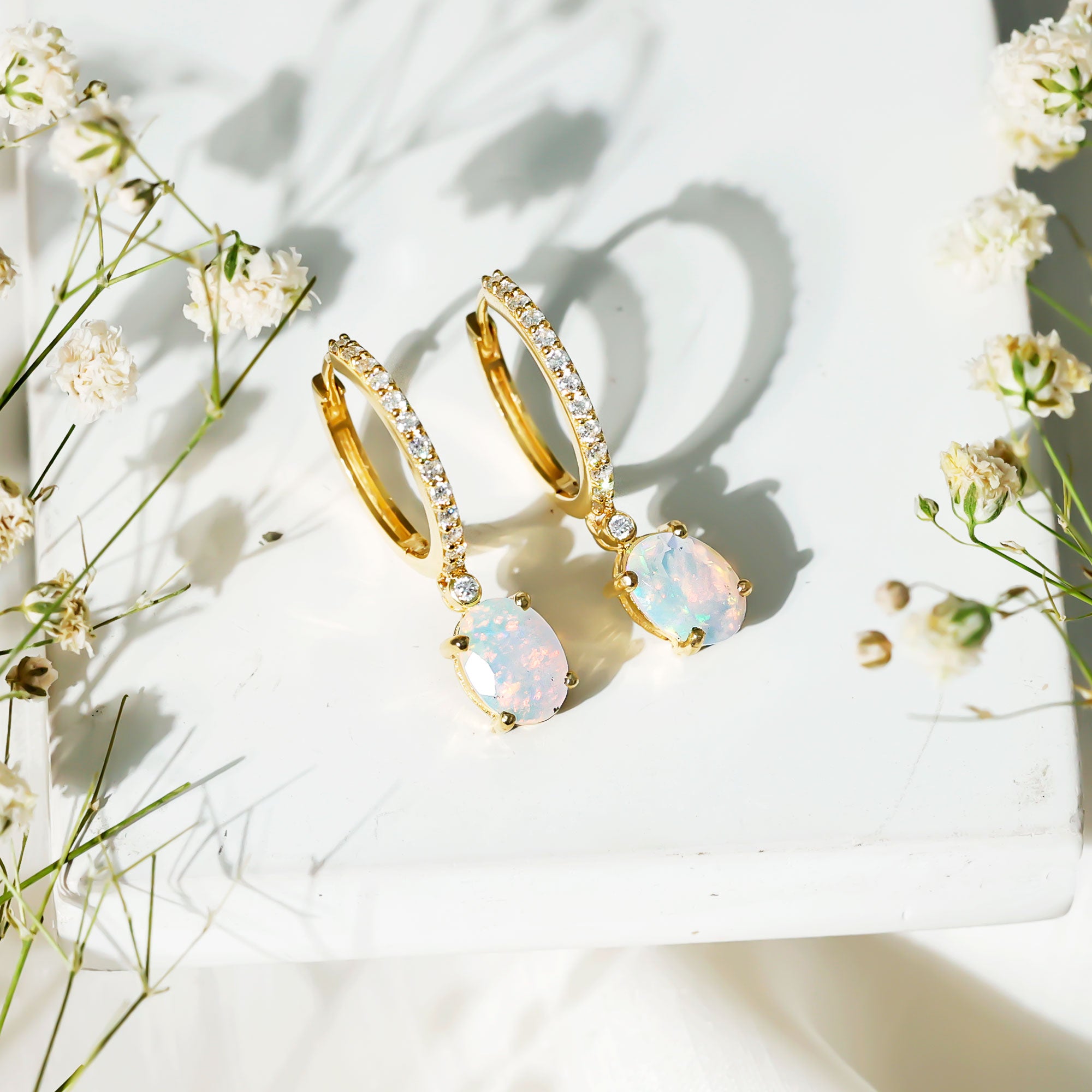 Oval Ethiopian Opal Drop Earrings with Moissanite Hoop AAA - Rosec Jewels