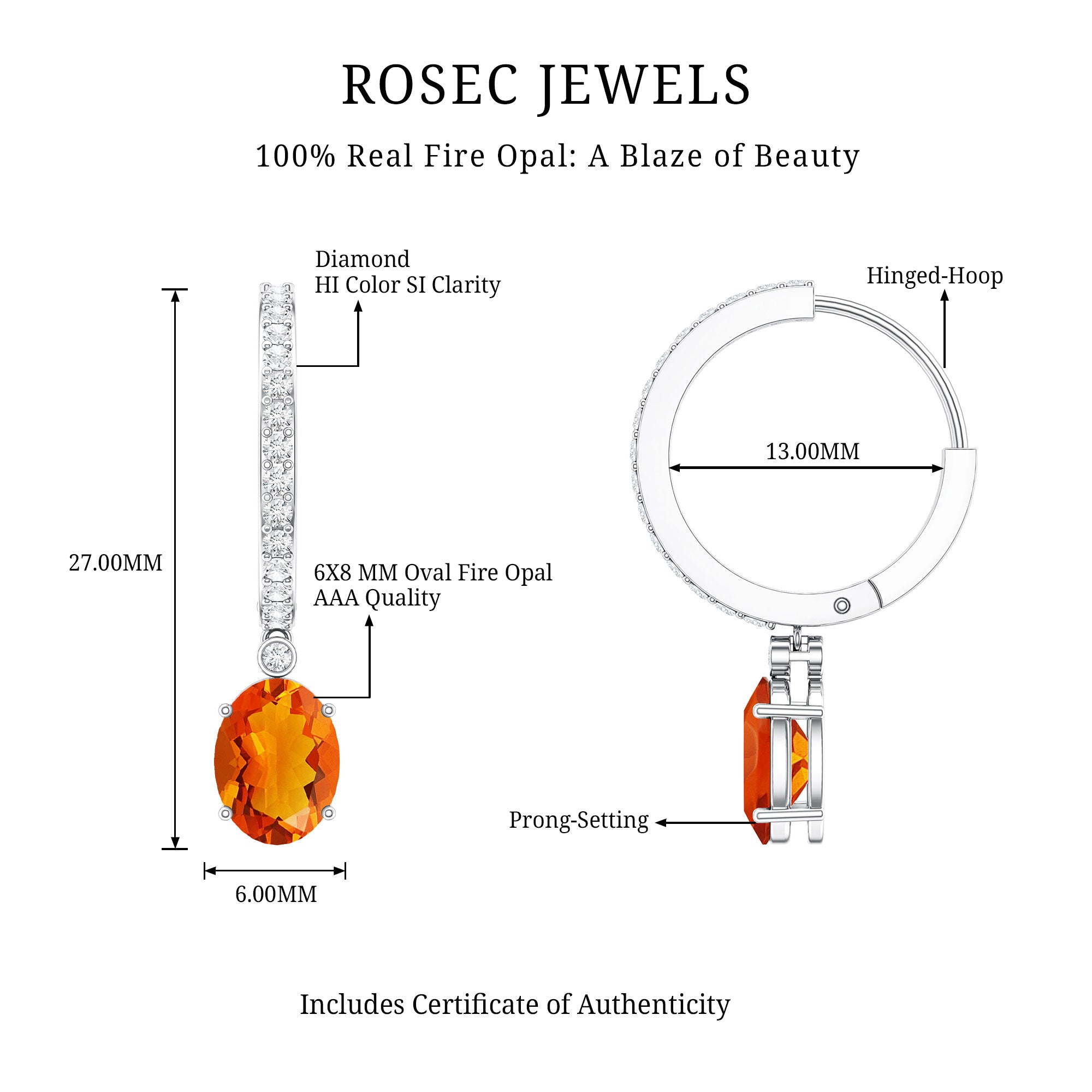 Certified Real Oval Fire Opal Hoop Earrings with Diamond AAA - Rosec Jewels
