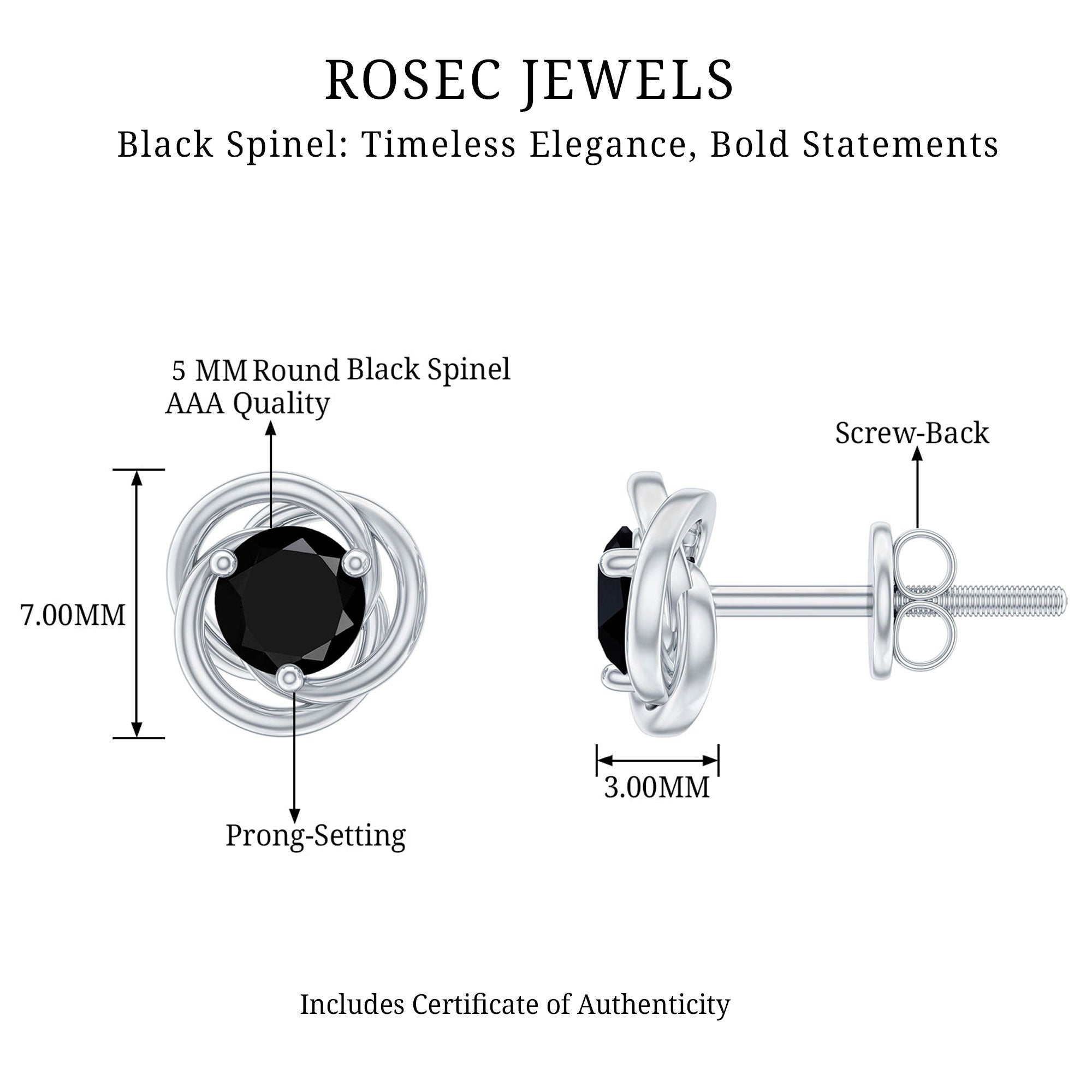 1 Carat Black Spinel Swirl Stud Earrings with Screw Backs AAA - Rosec Jewels
