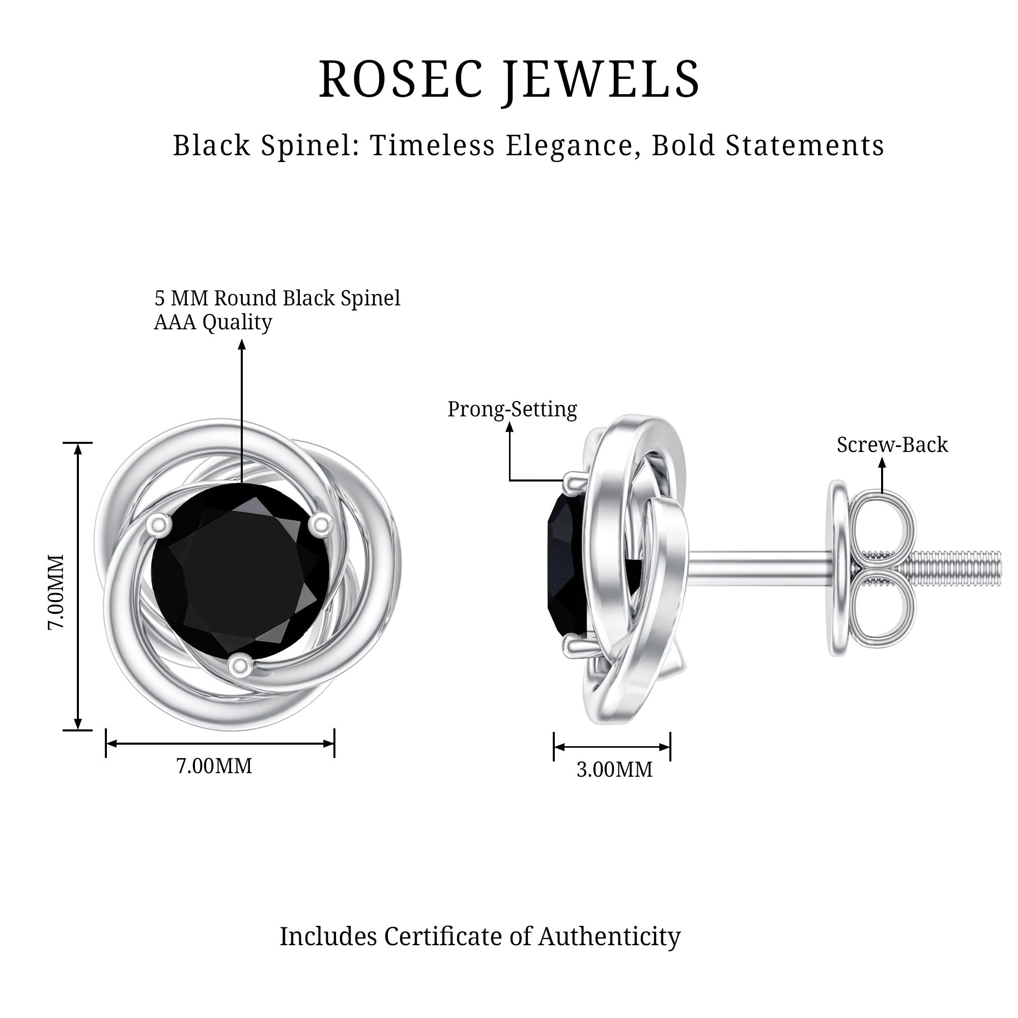 0.9 Carat Black Spinel Swirl Stud Earrings with Screw Backs AAA - Rosec Jewels