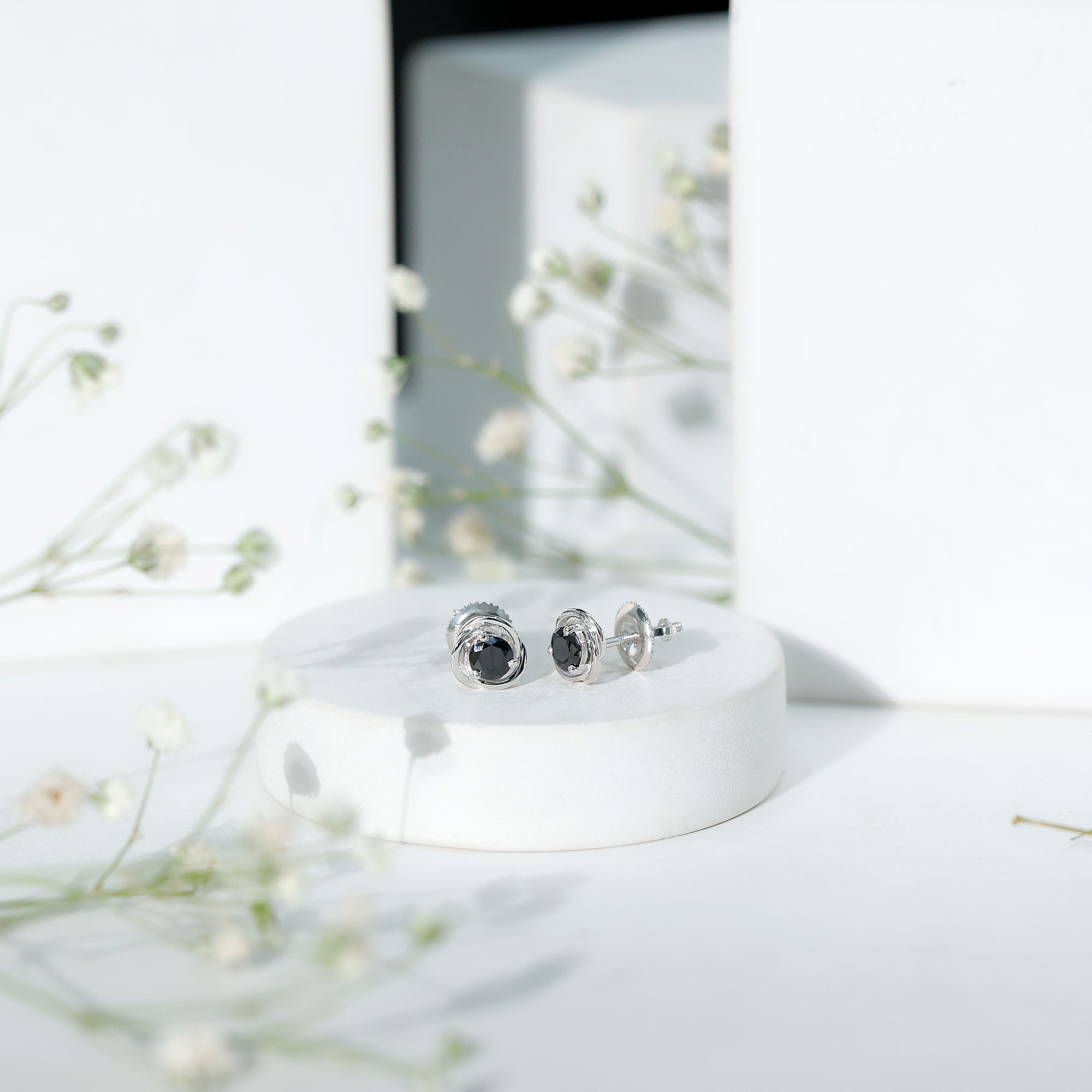 0.9 Carat Black Spinel Swirl Stud Earrings with Screw Backs AAA - Rosec Jewels