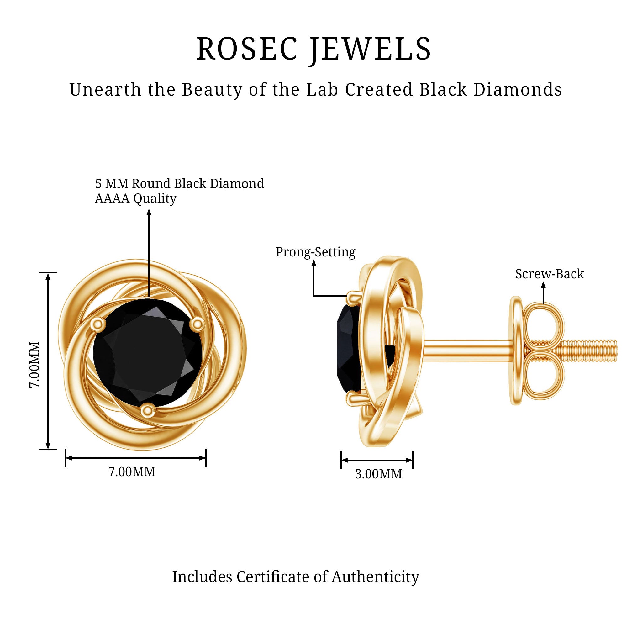 Solitaire Lab Created Black Diamond Swirl Stud Earrings AAAA ( Synthetic ) - Rosec Jewels