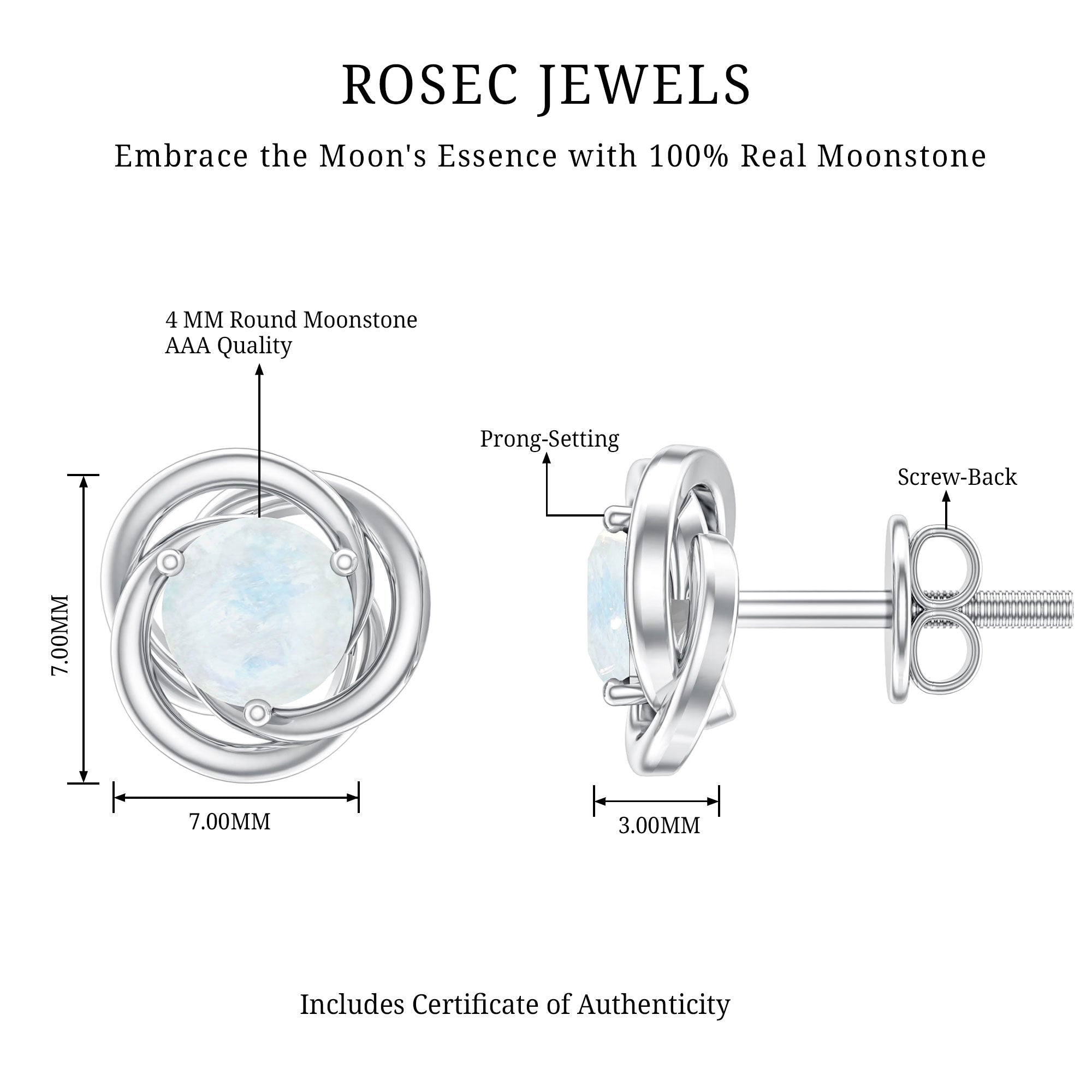 Solitaire Moonstone Swirl Stud Earrings with Certificate AAA - Rosec Jewels