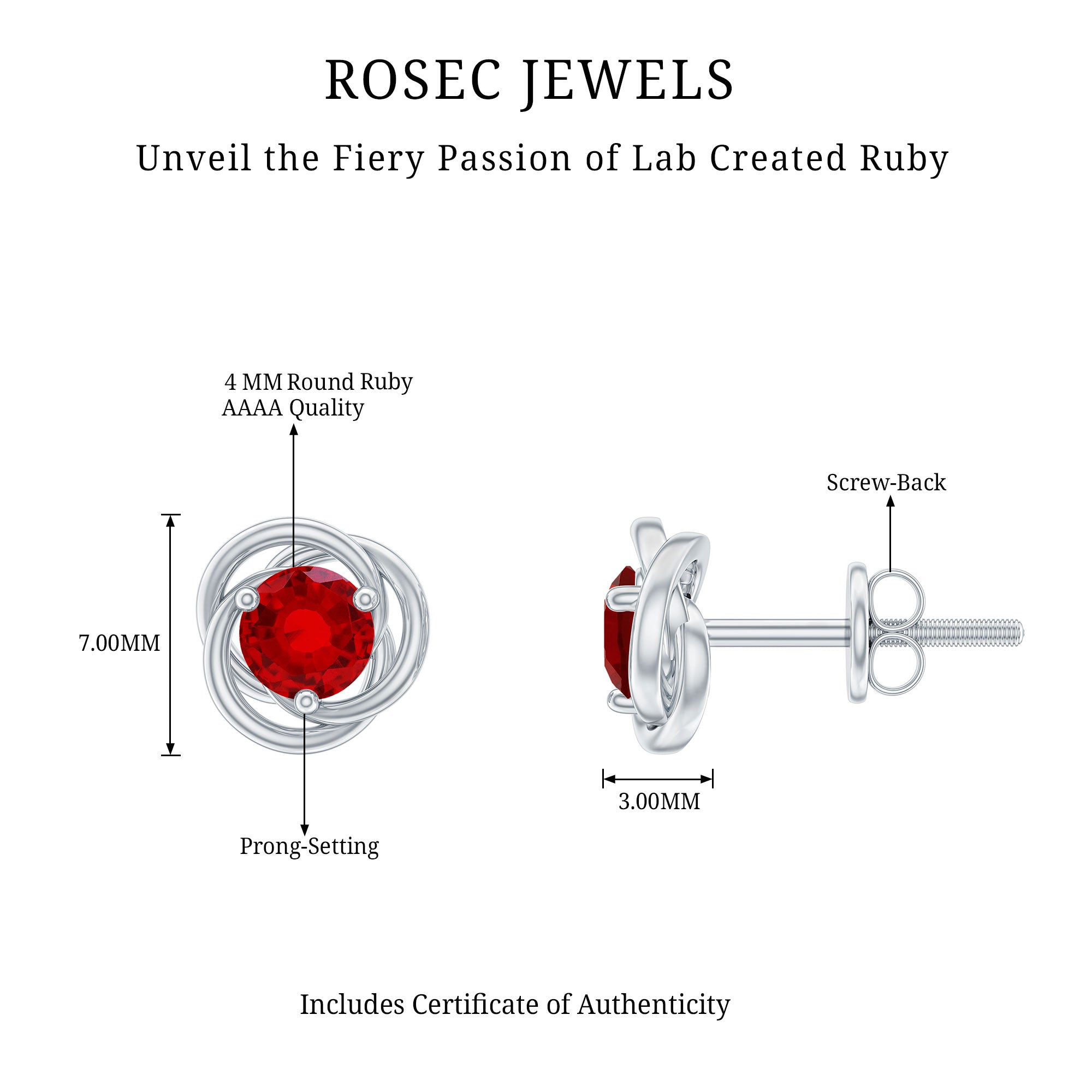 Lab Created Ruby Swirl Stud Earrings with Screw Back AAAA - Rosec Jewels