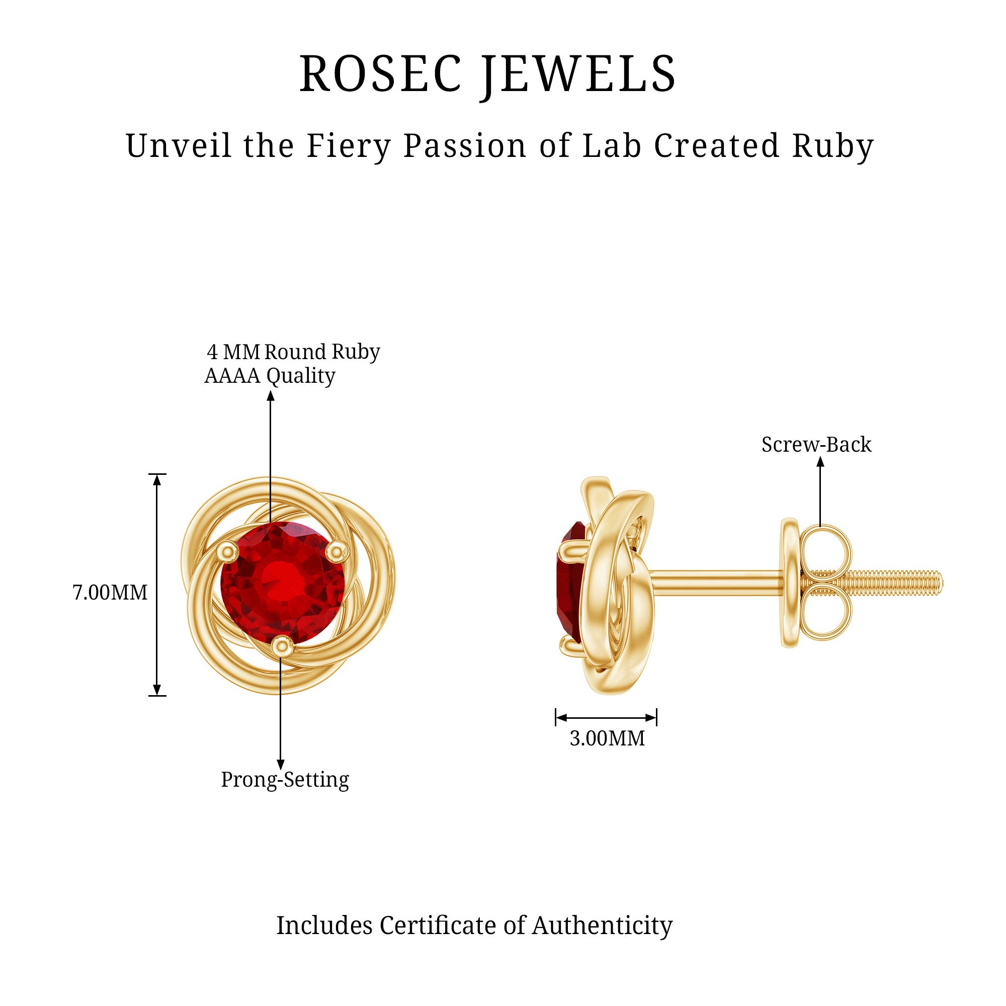 Lab Created Ruby Swirl Stud Earrings with Screw Back AAAA - Rosec Jewels