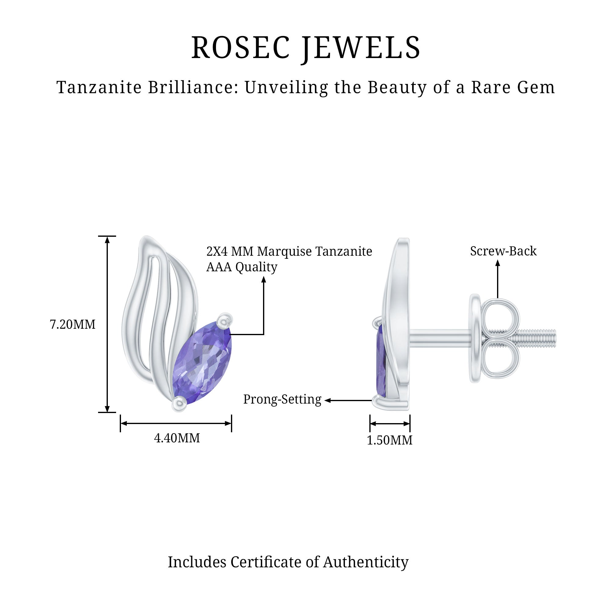 Natural Marquise Tanzanite Leaf Earrings with Screw Back AAA 92.5 Sterling Silver - Rosec Jewels