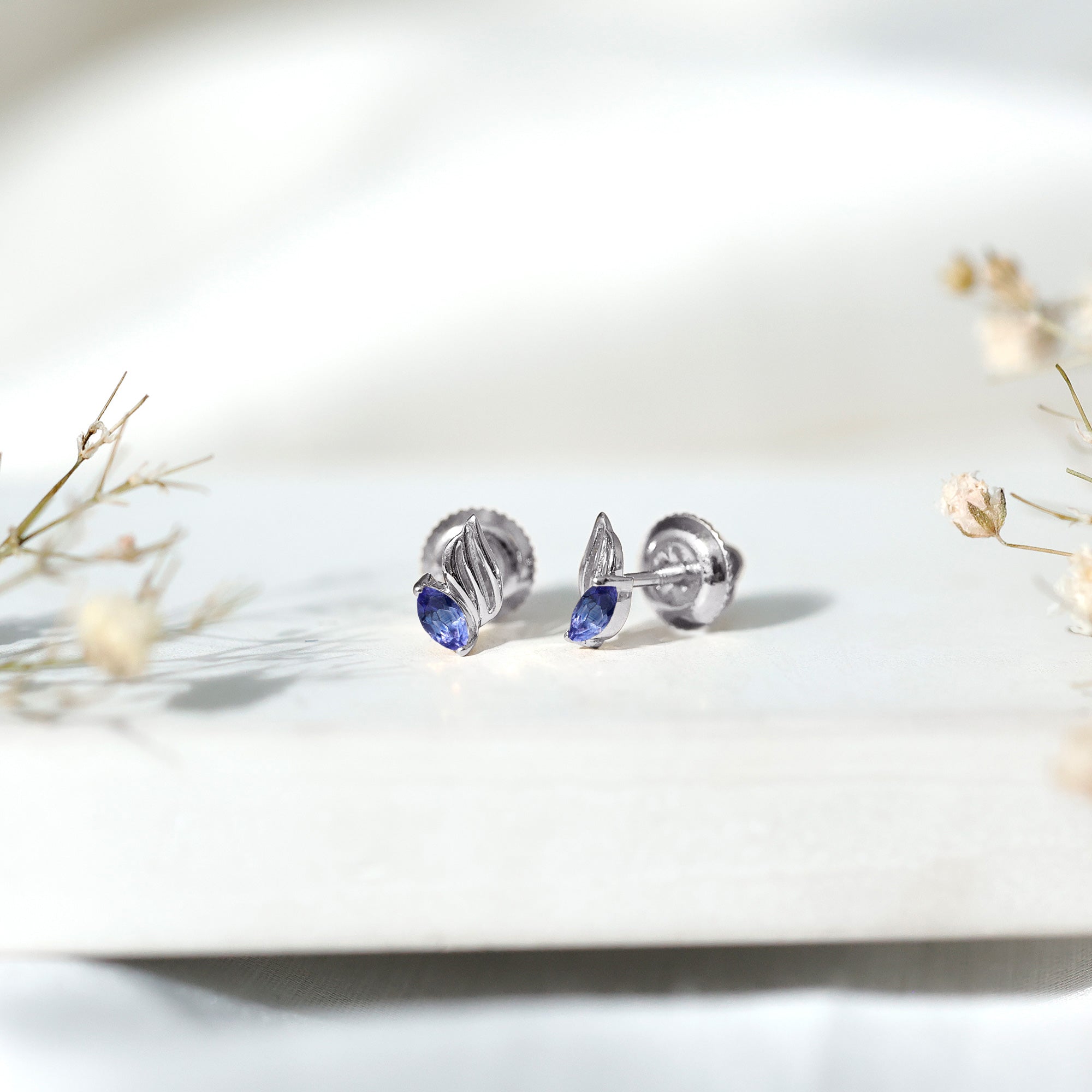 Natural Marquise Tanzanite Leaf Earrings with Screw Back AAA 92.5 Sterling Silver - Rosec Jewels