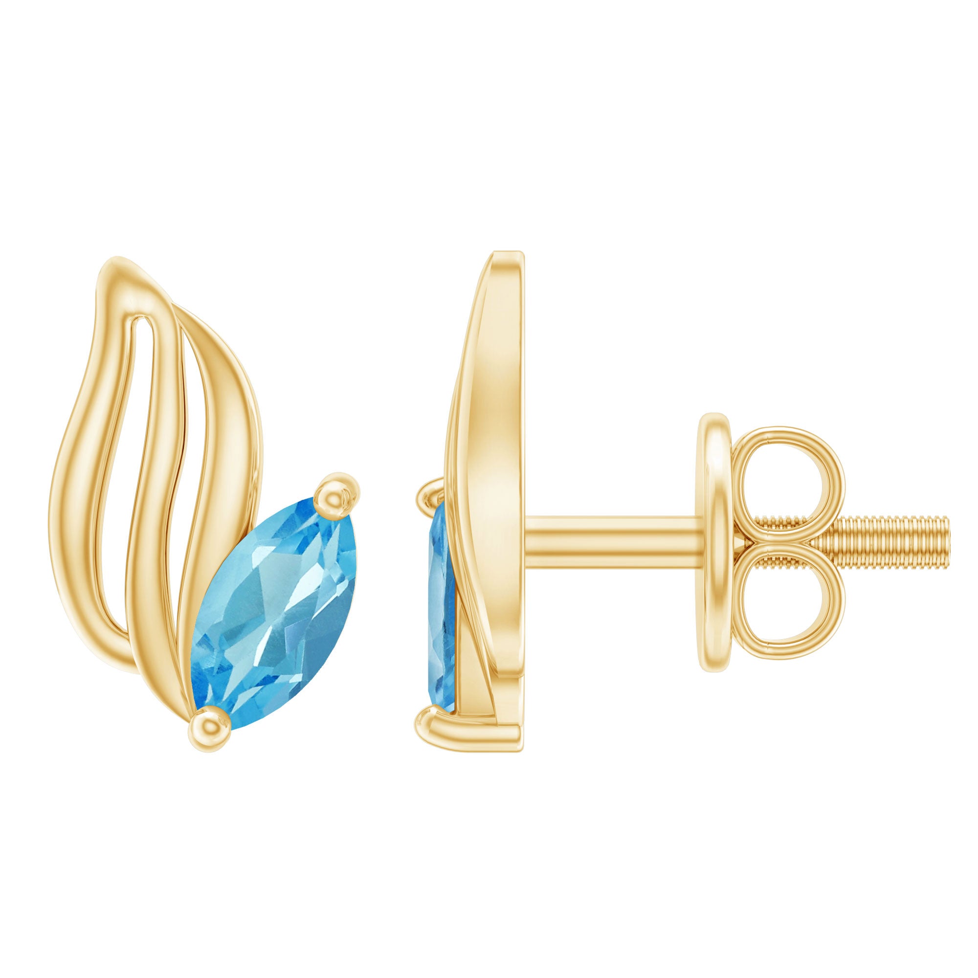 Natural Swiss Blue Topaz Leaf Earrings in Silver AAA 14K Yellow Gold Plated Silver - Rosec Jewels