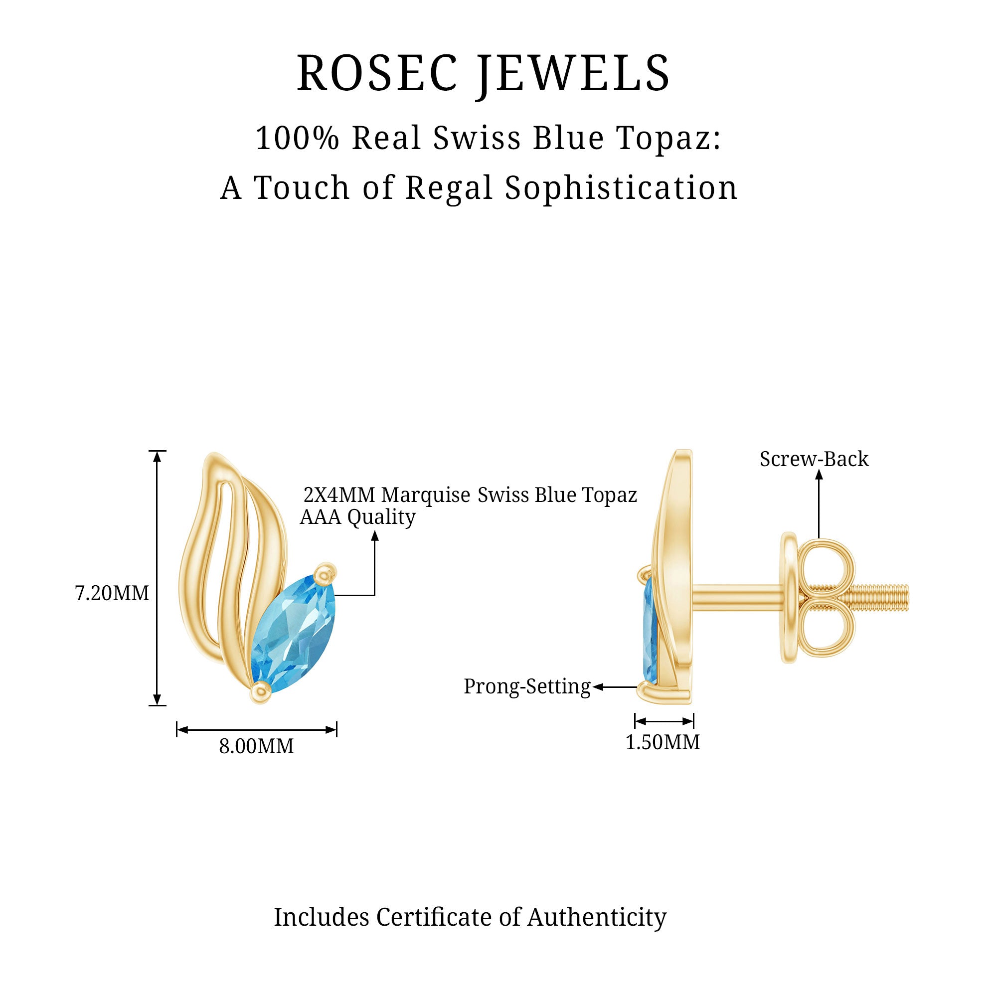 Natural Swiss Blue Topaz Leaf Earrings in Silver AAA 14K Yellow Gold Plated Silver - Rosec Jewels