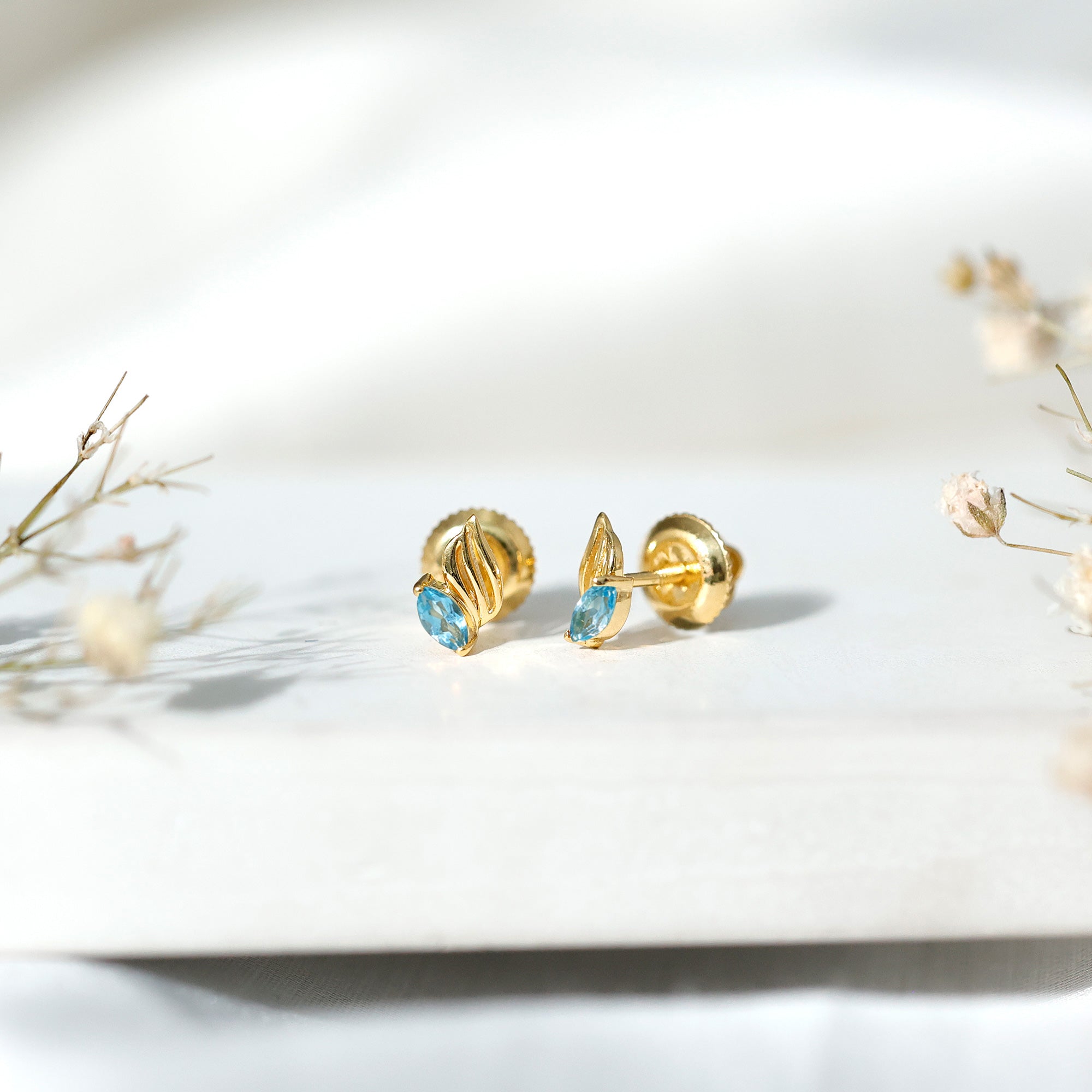 Natural Swiss Blue Topaz Leaf Earrings in Silver AAA 14K Yellow Gold Plated Silver - Rosec Jewels