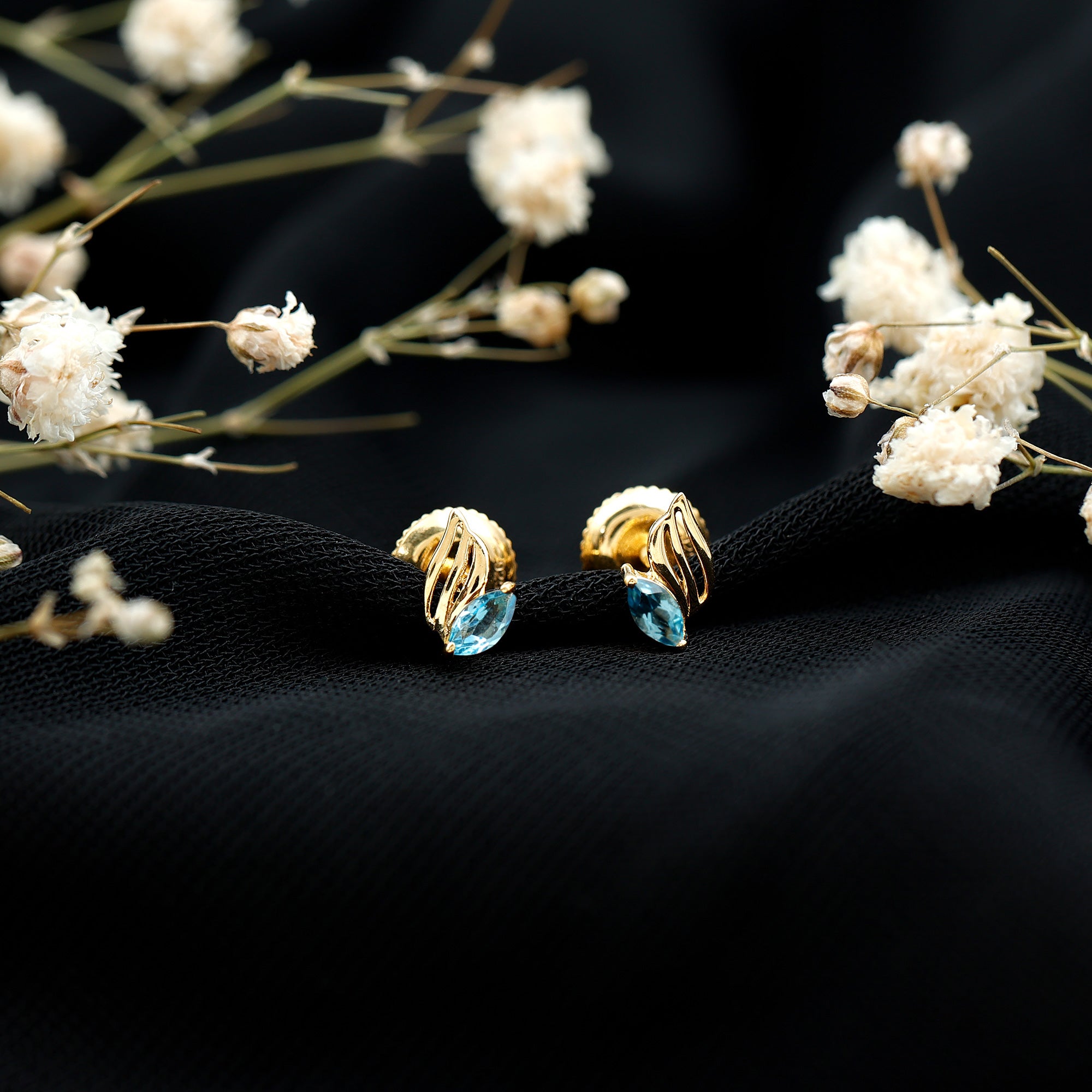 Natural Swiss Blue Topaz Leaf Earrings in Silver AAA 14K Yellow Gold Plated Silver - Rosec Jewels