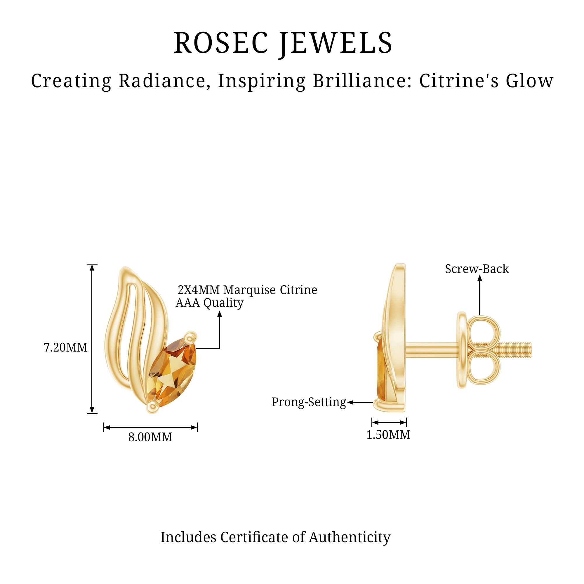 Nature Inspired Citrine Leaf Earrings in Gold Plated Silver AAA 14K Yellow Gold Plated Silver - Rosec Jewels