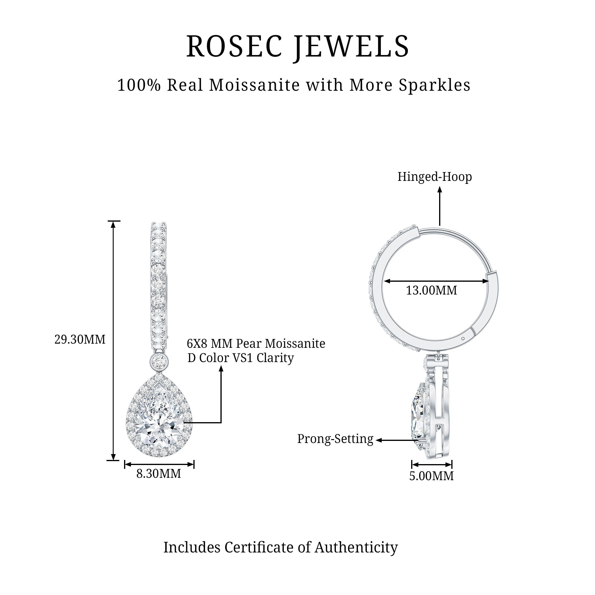 Certified Moissanite Teardrop Earrings with Hinged Hoop D-VS1 - Rosec Jewels