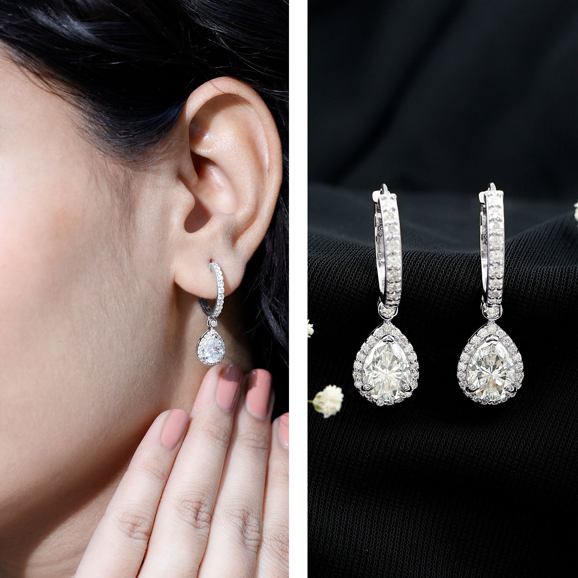 Certified Moissanite Teardrop Earrings with Hinged Hoop D-VS1 - Rosec Jewels
