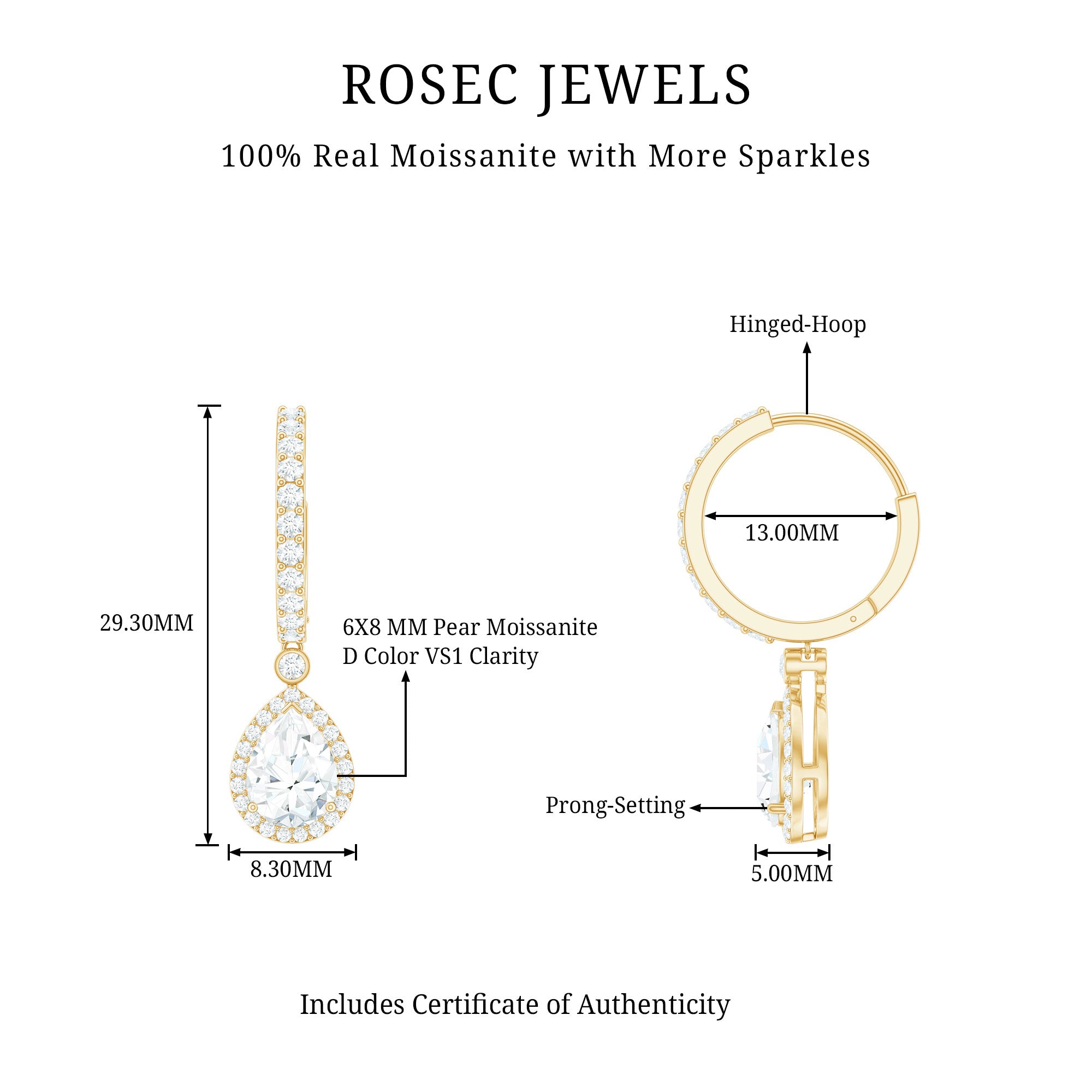 Certified Moissanite Teardrop Earrings with Hinged Hoop D-VS1 - Rosec Jewels
