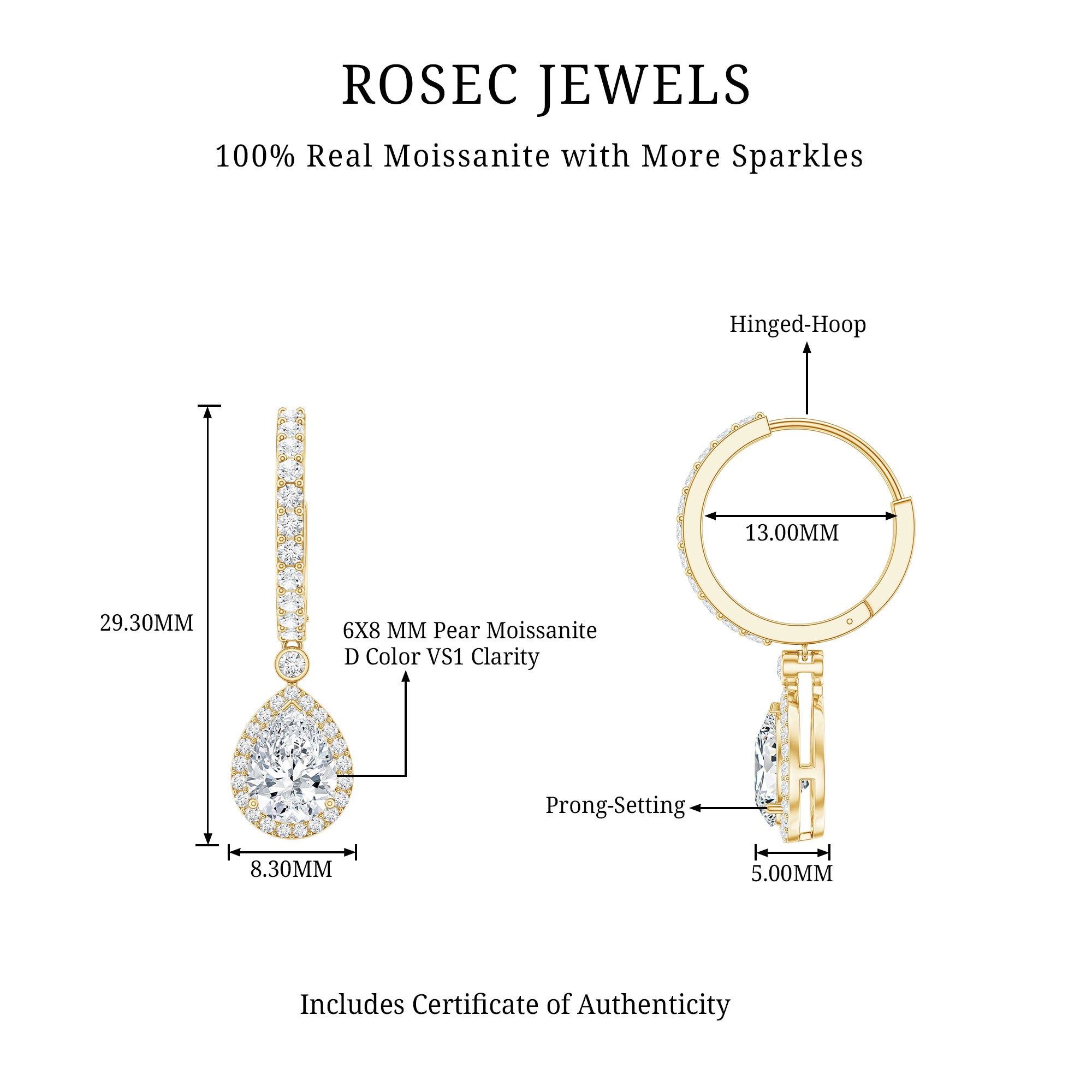 Certified Moissanite Teardrop Earrings with Hinged Hoop D-VS1 - Rosec Jewels
